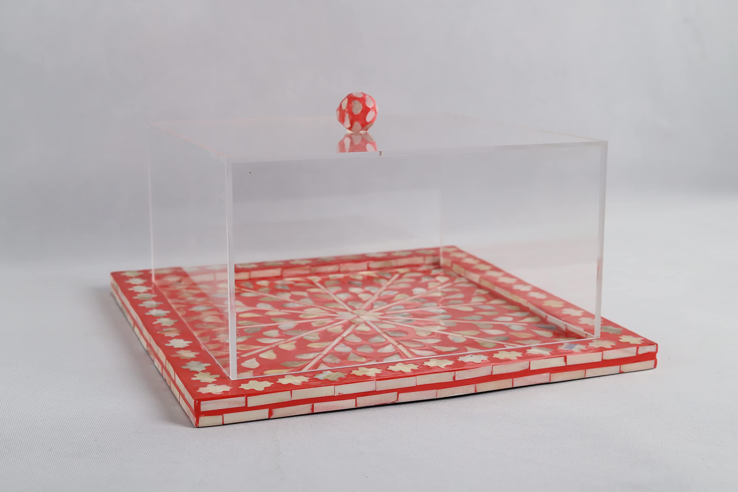 Red Square Mother of Pearl Cake Tray with Acrylic Cover with Flower Design Multipurpose Tray for Cakes/Desserts Serving Dish/Platters/Tableware Decoration for Home and Kitchen (35.5 cm *35.5cm *H17cm)