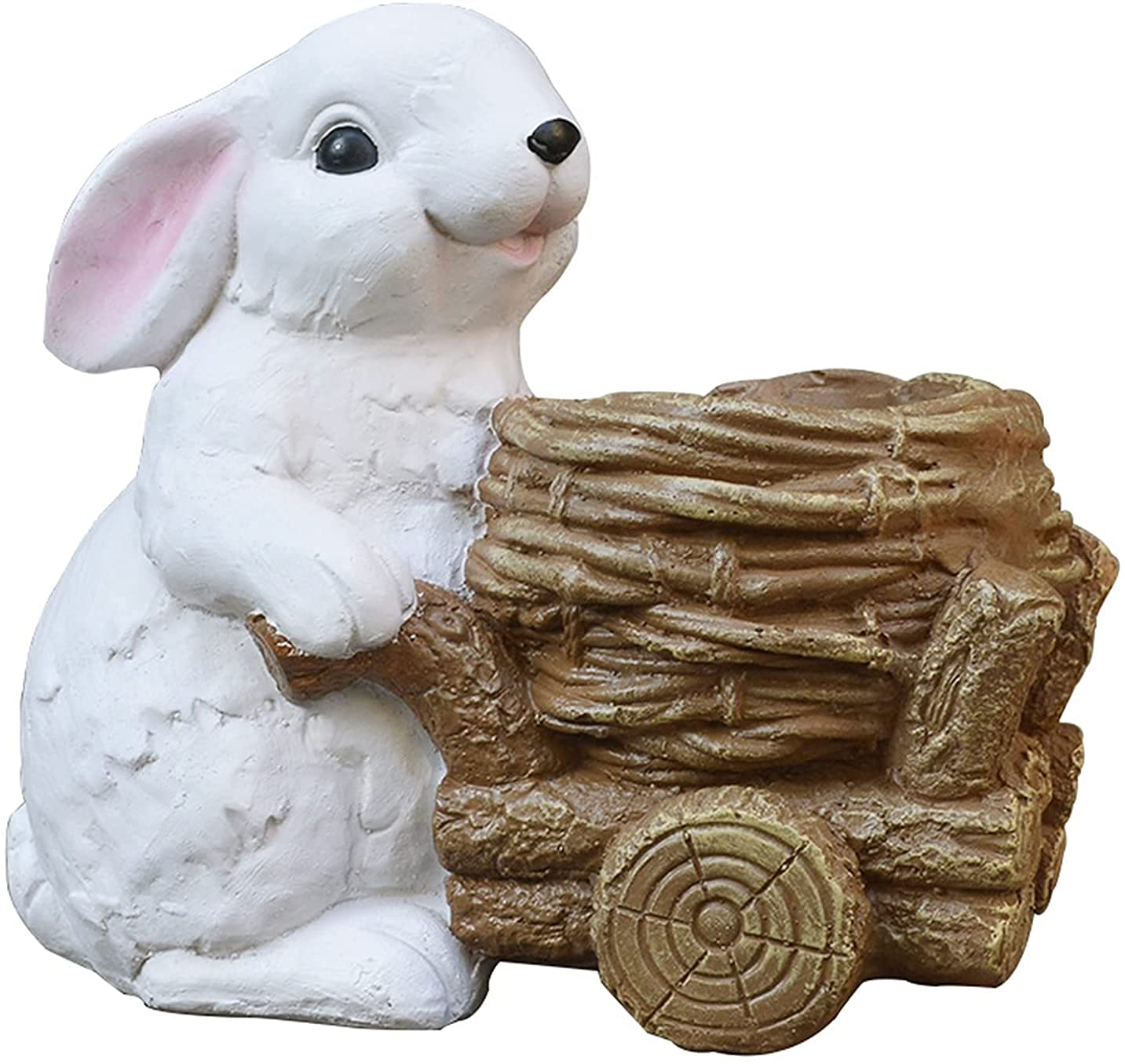 SWENEEN Succulent Plant Pot Outdoor Decoration,Resin White Bunny Statue Rabbit Pushing Cart Sculpture For Balcony Garden Decoration,