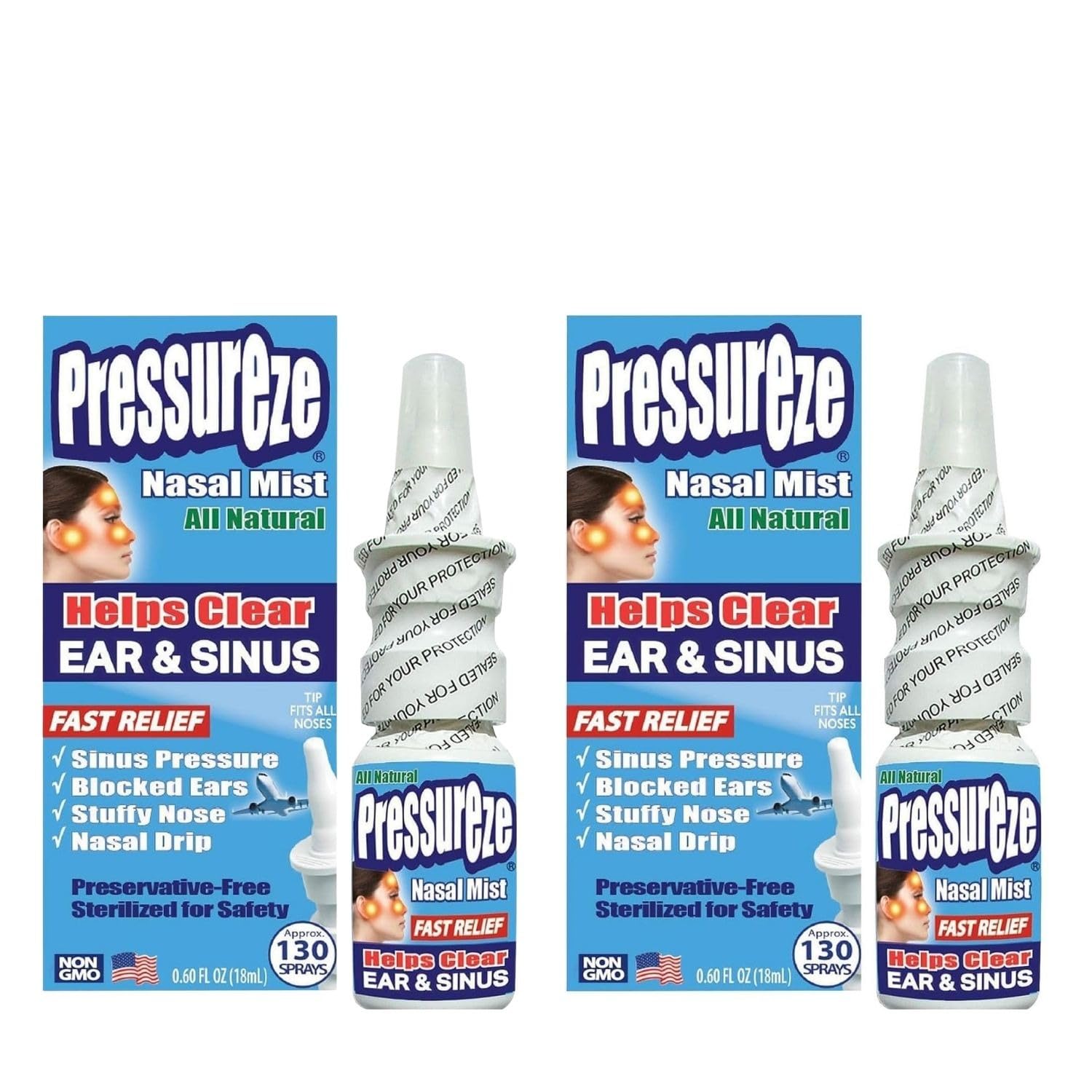 Pressureze - Natural- Preservative Free - Sterile Nasal Spray - for Severe Sinus Congestion Relief (0.6 Fl Oz (Pack of 2))