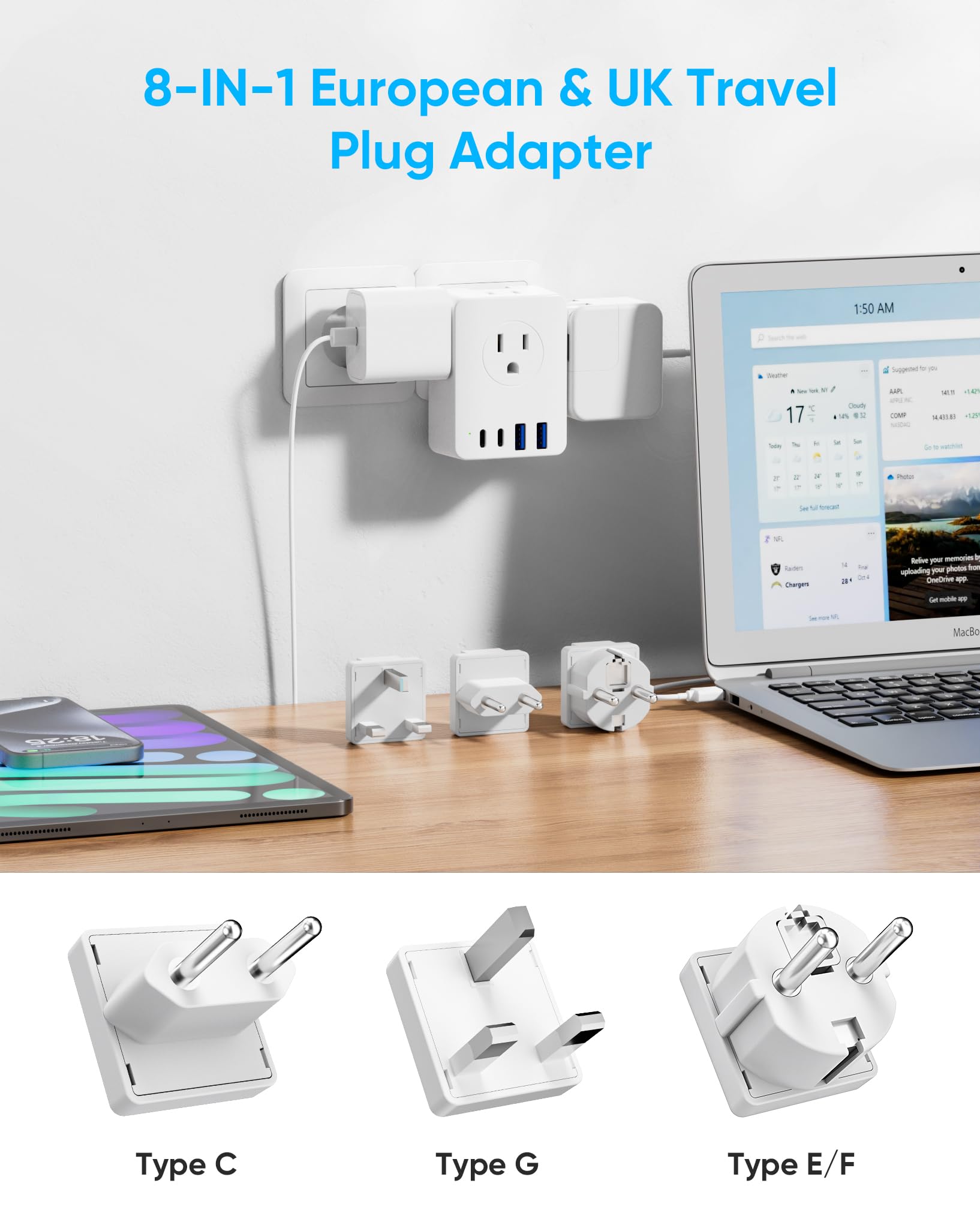 Kakyanill Adaptador de Enchufe de Viaje Europeo, Cable de extensión Desmontable de 5 pies con Kit de Enchufe Tipo C/G/E/F, 4 Salidas de CA, 4 Puertos USB (2 USB C), Reino Unido Germay Francia Grecia