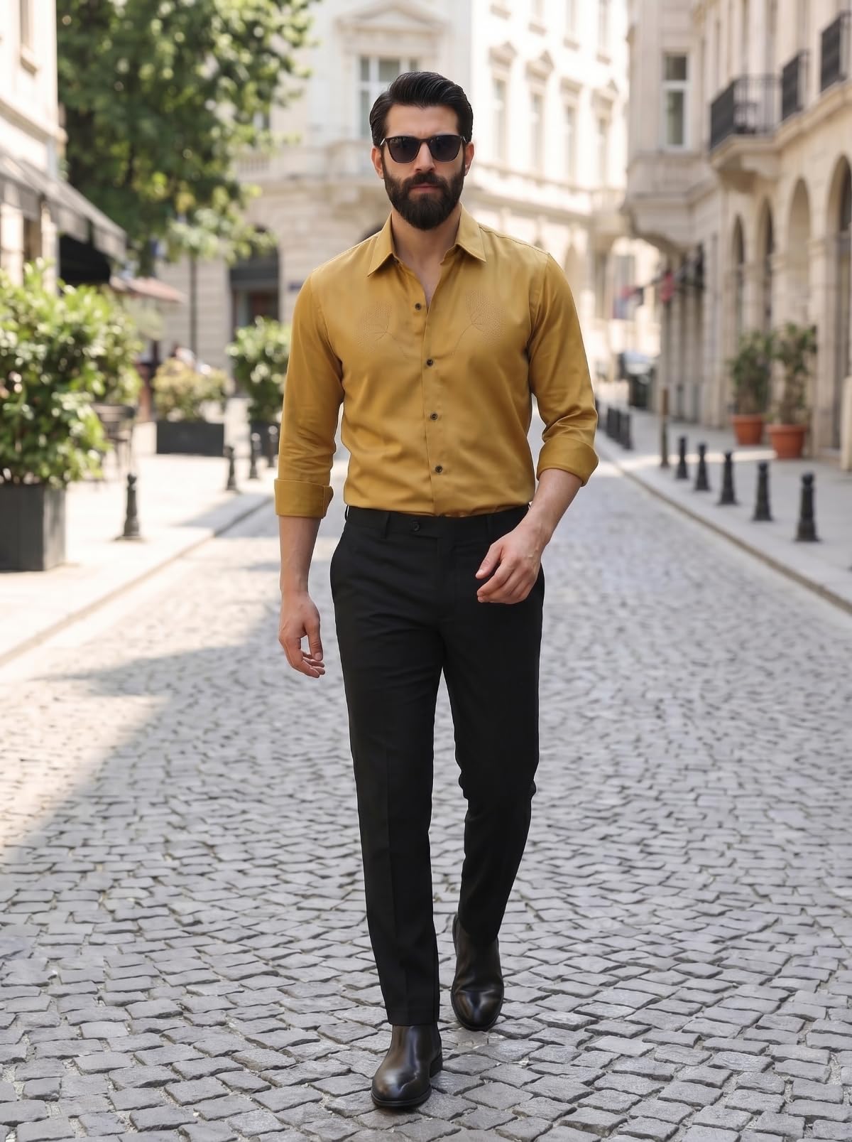 IndoPrimo Elegante camisa de satén para hombre, corte normal, estilo casual, estilo de diseñador, trabajo de piedra, fiesta, manga formal