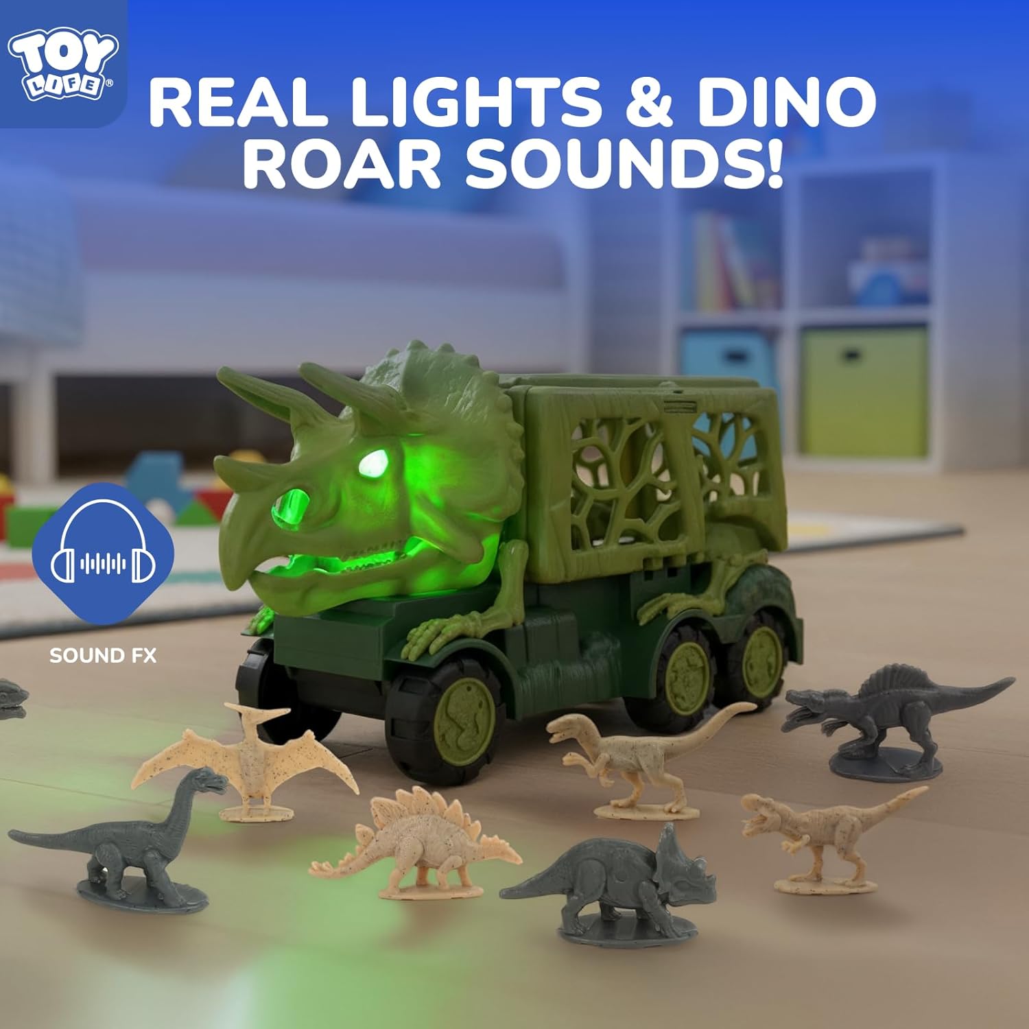 TOY Life Triceratops Dinosaur Truck with Track & Lights & Sounds, Dinosaur Toys for Kids 3-5 Transport Playset with Dino Cars, Fossil & Scene Assembly Toys for 2 3 4 5 Year Old Boys