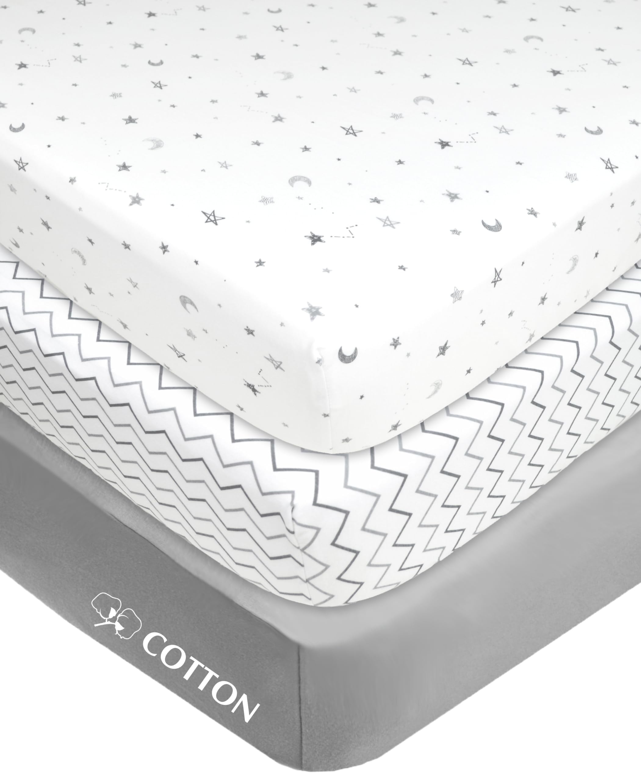 American Baby Company 100% Natural Cotton Value Jersey Knit Fitted Portable/Mini-Crib Sheet, Grey Star/Zigzag, 24" x 38" x 5", Soft Breathable, for Boys and Girls, Pack of 3