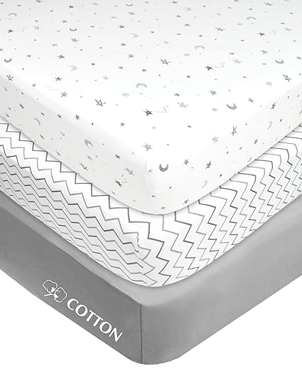 American Baby Company 3 Pack 100% Natural Cotton Fitted Mini Crib Sheets 38" x 24" - Soft & Breathable Small Nesting Portable Sheets, Fits Pack N Play Mattresses, Gray Star/Zigzag, for Boys & Girls