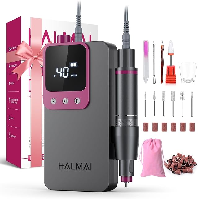Perceuse électrique de ongles professionnel, fichier de ongles portable pour les ongles de gel acrylique, rechargeable sans fil Ultra Kit de perceuse d'ongle de puissance 40000RPM, HMC320 Machine à ongles pour le salon-grade Efile (Gris foncé)