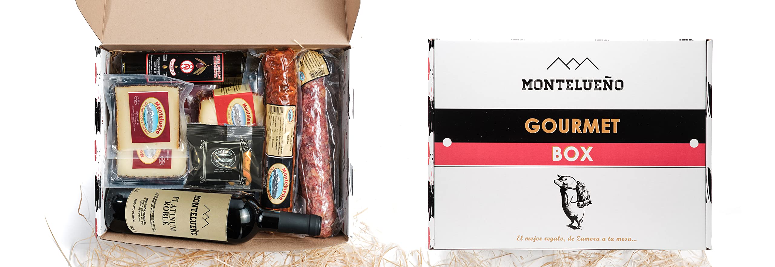 MONTELUEÑO | Cesta Gourmet Ibérica Plus - Surtido de embutidos ibéricos naturales con Chorizo, Salchichón, Jamón, Cecina, Quesos, Vino, Aceite OVE, Picos. Ideal para picoteo, regalo, cesta navidad.