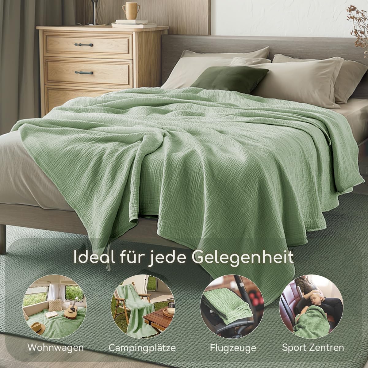 Lanqinglv Manta de muselina 150x200cm de algodón, manta de 4 capas de muselina, manta de verano verde certificada Oeko-Tex, manta para sofá y cama, para el hogar y para acurrucarse, manta de algodón