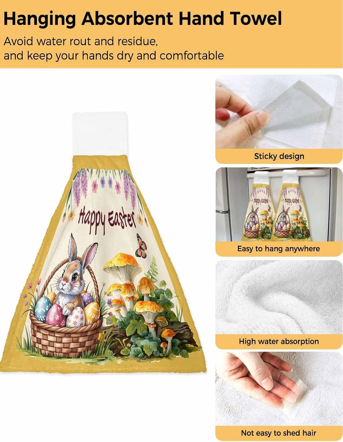 Happy Easter Kitchen Hand Towels with Hanging Loops Set of 2 Rabbit Eggs Spring Mushrooms Flowers Yellow Soft Thick Oven Fingertip Dry Microfiber Tie Dish Towel Absorbent Cleaning Washcloth