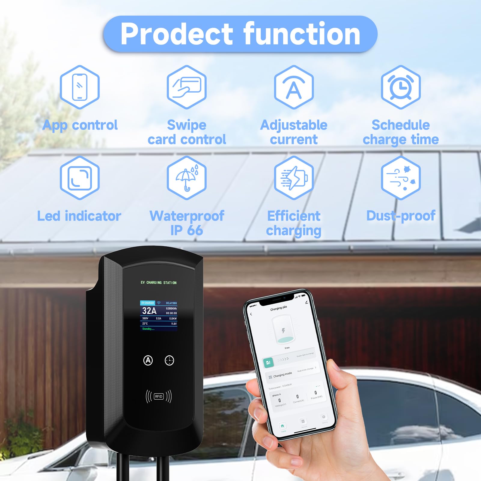 5 m EV typ 2 ładowarka stacja ładująca, kabel do ładowania typu 2, typ 2, 22 kW, wyświetlacz LED, karta RFID, aplikacja WiFi, norma UE IEC 62196-2