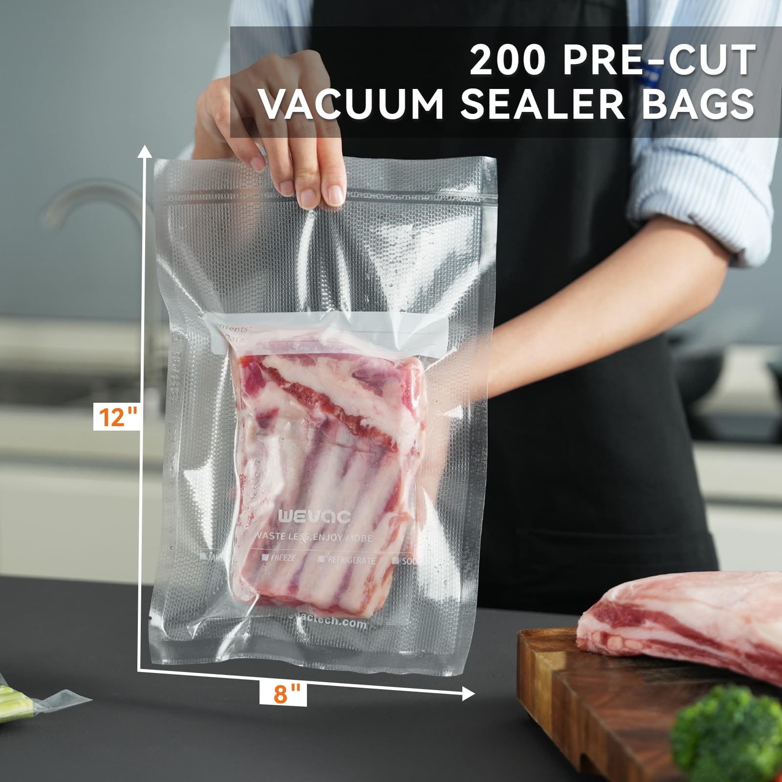 Bolsas precortadas de 8 x 12 pulgadas, 200 unidades, bolsas selladoras al vacío para alimentos, resistentes, ideales para almacenamiento de alimentos, Sous Vide y preparación de comidas, Wevac