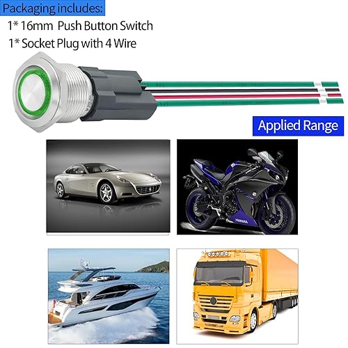 Miniatura 36 de Interruptor de botón ZJWZJH de 15 amperios con pestillo de 0.630 in, impermeable, IP67, 12 V, CC, 24 V, encendido y apagado, luz LED azul
