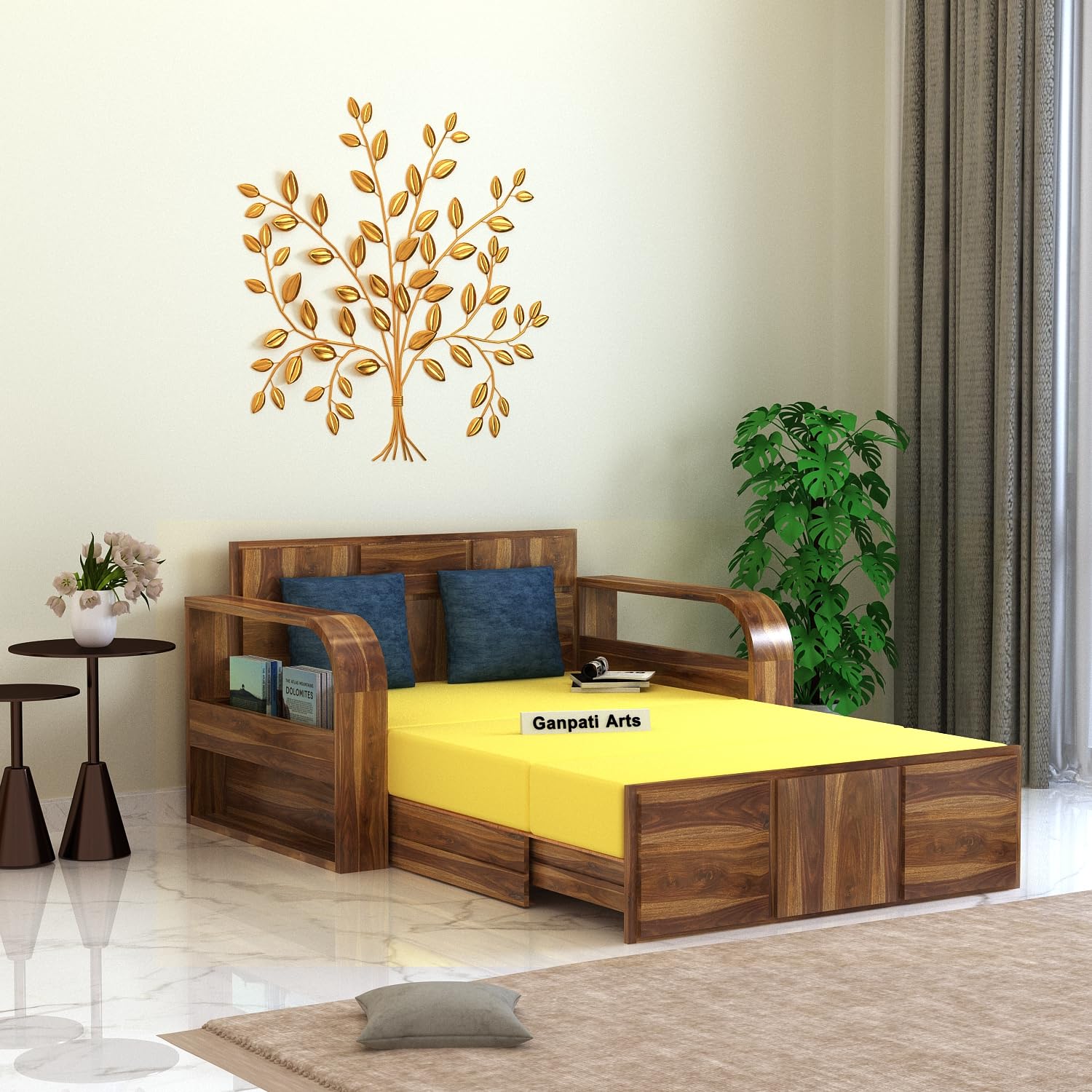 Ganpati Arts Solid Sheesham Wood Two Seater Scott Sofa Cum Bed with Headboard and Mini Storage for Home Living Room (Teak Finish) (B0CX8KWFX4) Amazon Price History, Amazon Price Tracker