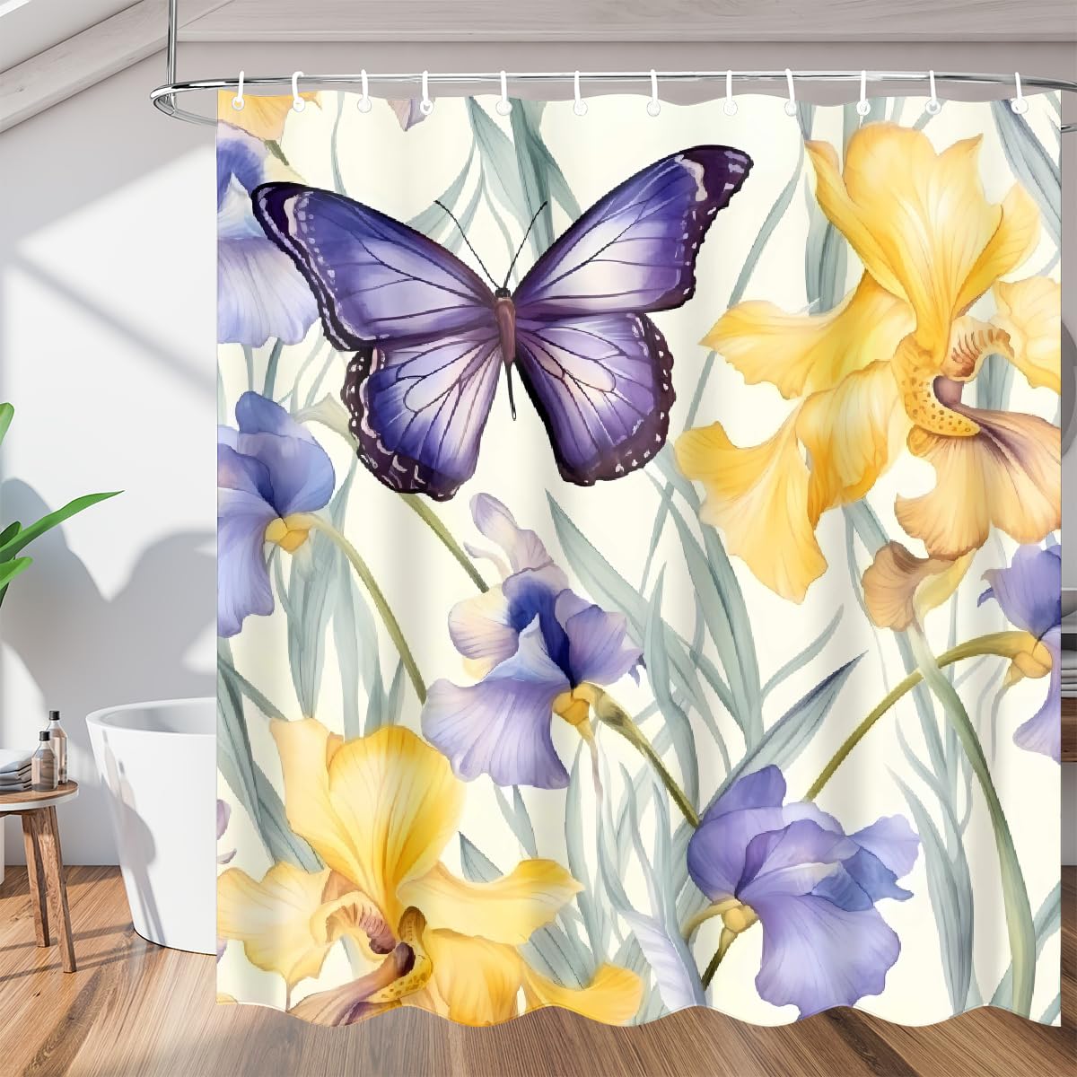 Mexpekil Shower Curtain, Bathroom Shower Curtain 168 x 183 cm, Waterproof Polyester Bathtub Curtains with Grommets & Hooks, Purple Yellow Iris Flower Butterfly