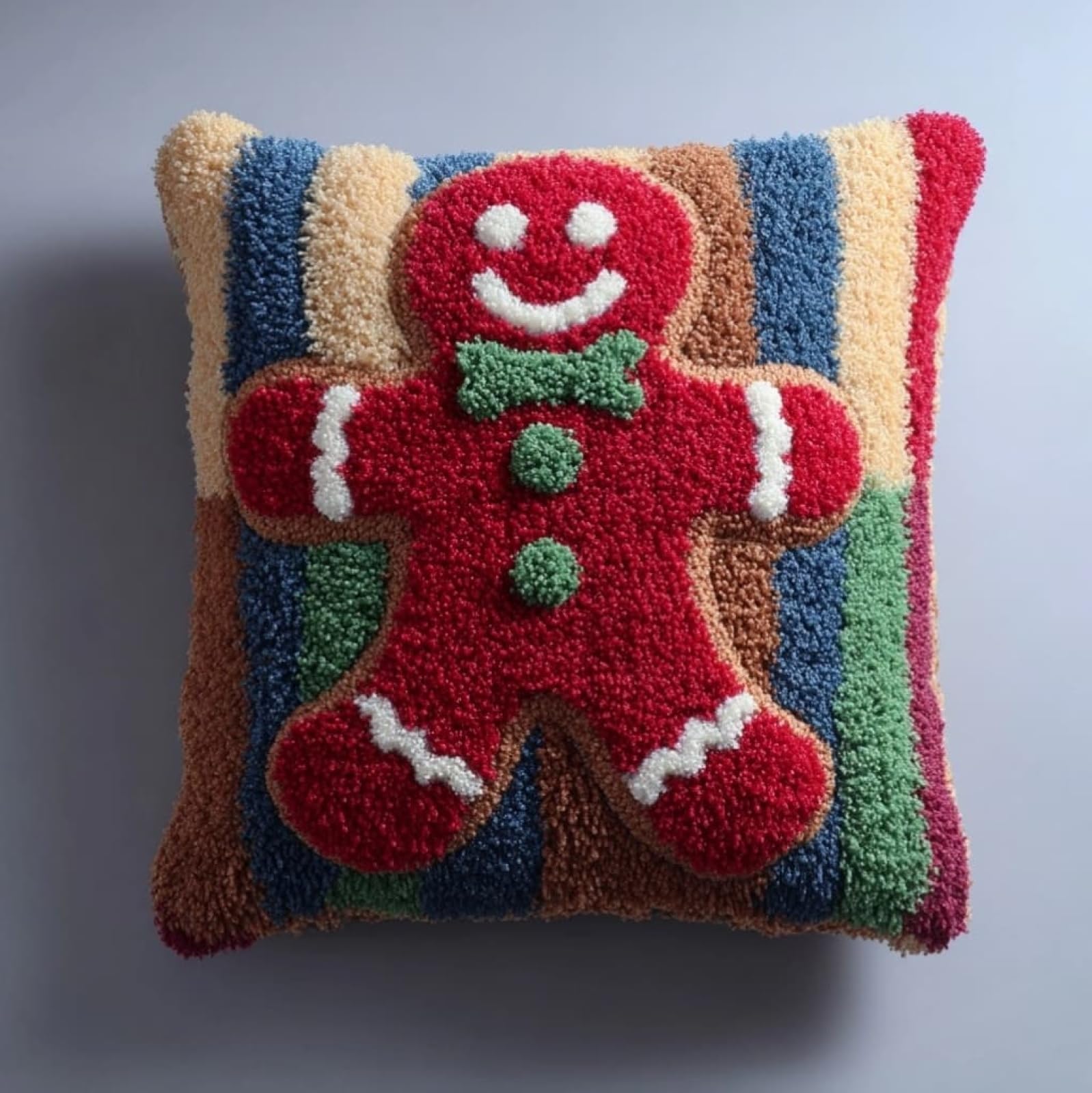AxiangziK Latch Hook Pillow Kits with Yarn,Cute Gingerbread man Complete DIY Cushion Making Craft Kits,43x43cm Latch Hook Adult Craft Kits for Women