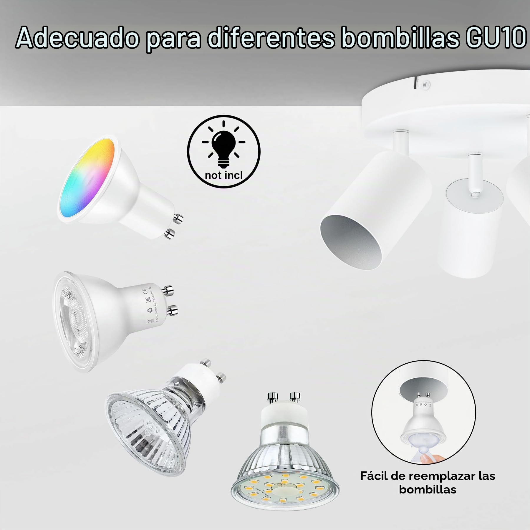 GU10 Lámpara de Techo con 4 Focos, Foco de Techo LED Ajustables y Giratorios, Plafón Moderno Blanco para Salon, Dormitorio, Sin Bombilla
