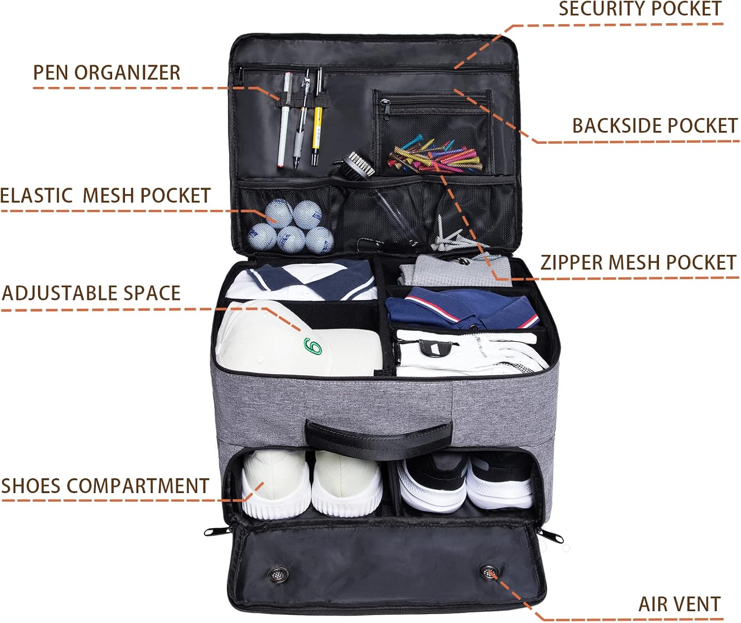 Golf Trunk Organizer 2 Layer, Car Golf Organizer with Ventilated Compartment for 2 Pair Shoes, Golf Trunk Storage Locker for Golf Accessories, Balls, Tees, Clothes, Gloves, Golf Gifts for Men