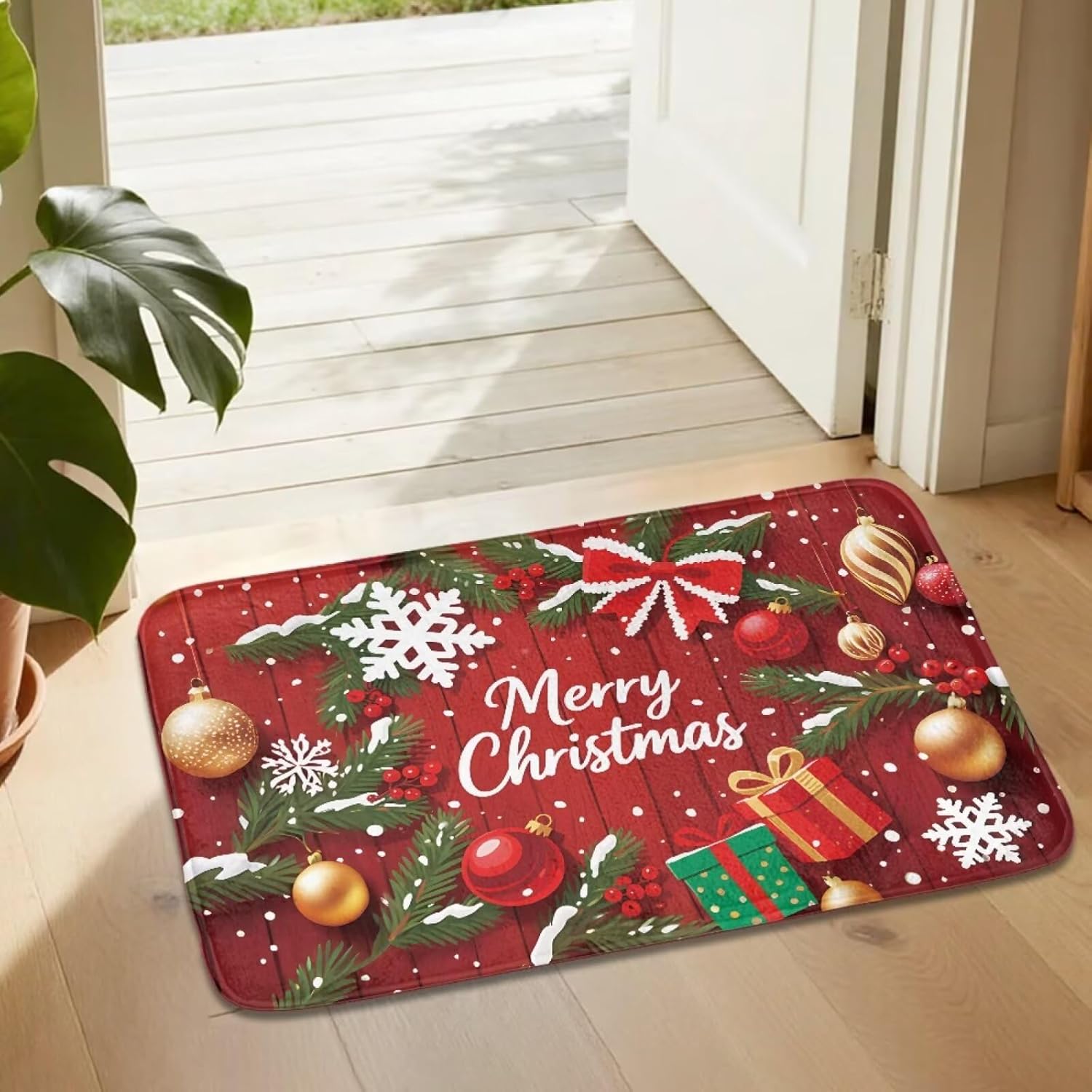 Christmas Ball Pine Branches Pattern Toilet Seat Cover and Rug Set 2 Pcs Stretch Toilet Lid Seat Cover Comfortable Area Rugs Set Bathroom Christmas Decor Accessories