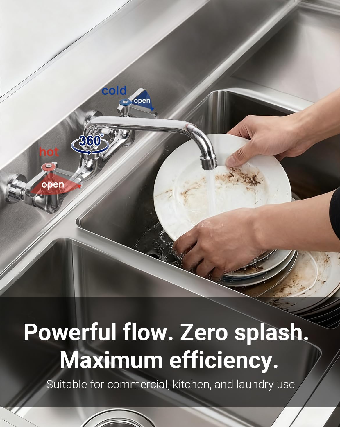 NSF Certified Lead-Free Commercial Sink Faucet 8 inch Center Spread, Wall Mount Kitchen Sink Faucet 2 Hole with 8" Swivel Spout, Brass Faucet with Ceramic Valve, Installation Kit Included