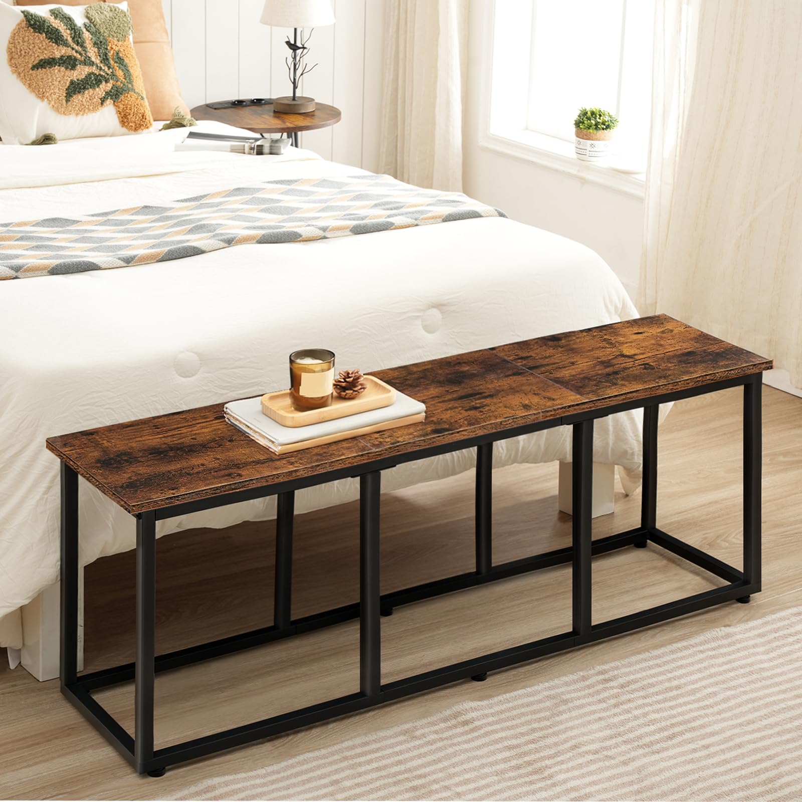 HOOBRO Banc de Cuisine Long de 120 cm, Banc à Chaussures Industriel, Bout de lit, Chaise Longue pour Salle à Manger, entrée, Chambre, Marron Rustique et Noir EBF45CD01