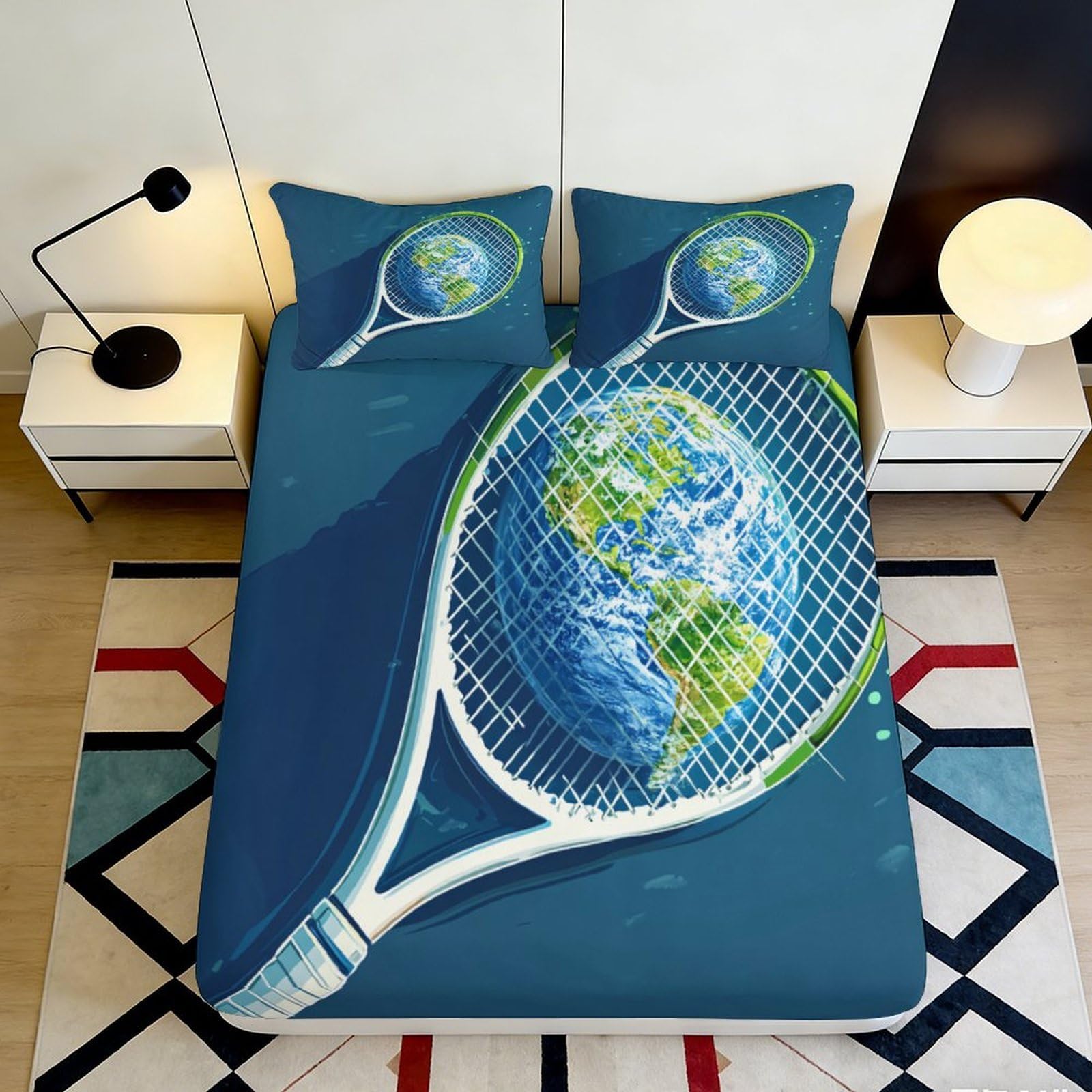 3D Printed Tennis Racket Earth Fitted Sheet Microfiber Non Slip Bed Cover for Bedroom Guest Room Dorm Decor Easy Care 160x200x25cm
