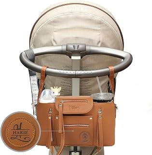 motheric Personalized stroller organizer diaper bag caddy with cup holder - personalized baby boy and girl gifts - custom universal pram (Brown Vegan Leather)