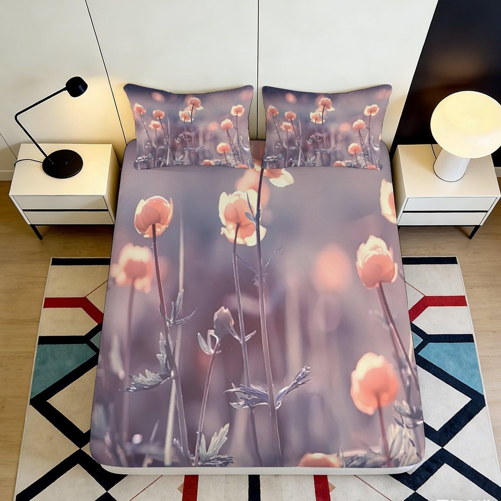 3D Printed Floral Meadow Fitted Sheet Microfiber Soft Pink Poppy Bed Cover for Bedroom Dorm Decor Mattress Protection 90x200x25cm