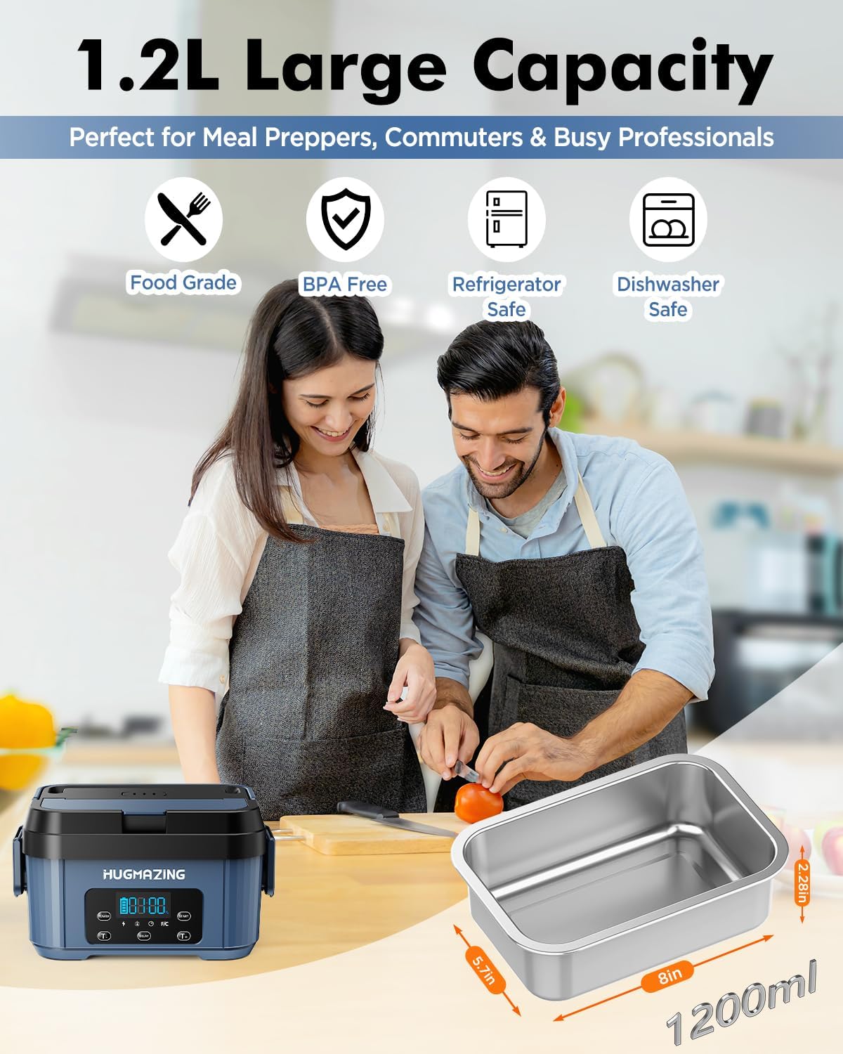 Hugmazing Cordless Electric Lunch Box for Adults, Men & Women – Rechargeable Self-Heating Food Warmer with 1.2L SS Container, Battery-Powered Heated Lunch Box, Perfect for Work and Travel Use