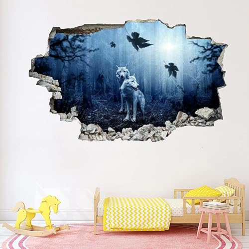 Miniatura 4 de Decoración de pared de animales, calcomanías 3D aplastadas de lobo, arte extraíble, tatuaje, paisaje nocturno, calcomanías de pared de vinilo para