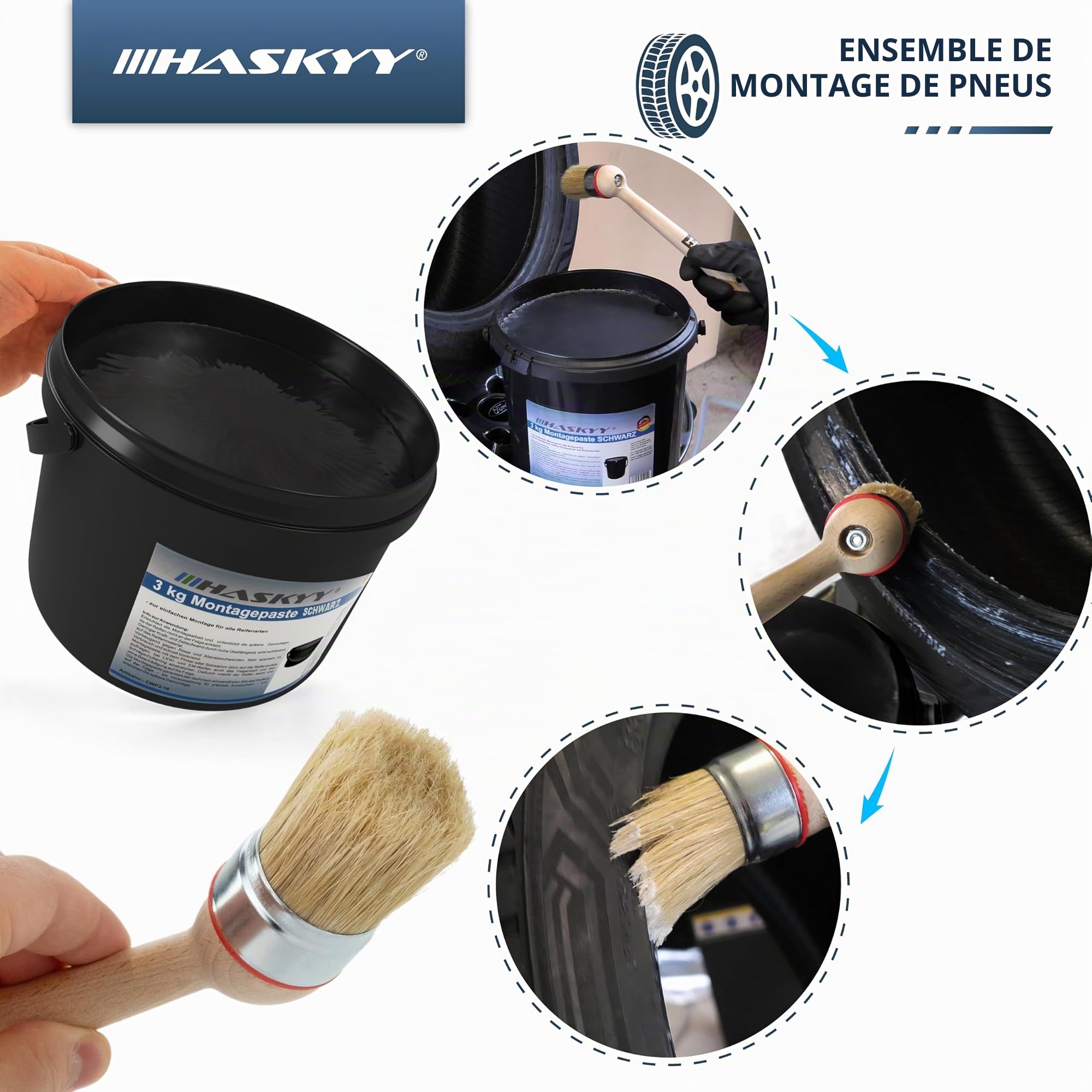 HASKYY 3kg Graisse de Montage pour Pneus Montagewax Noir + Tournevis de Vanne Extracteur de Soupape + Profi Auswuchtzange pour Adhésif- et Poids Poids Sisa Craie" Bold"