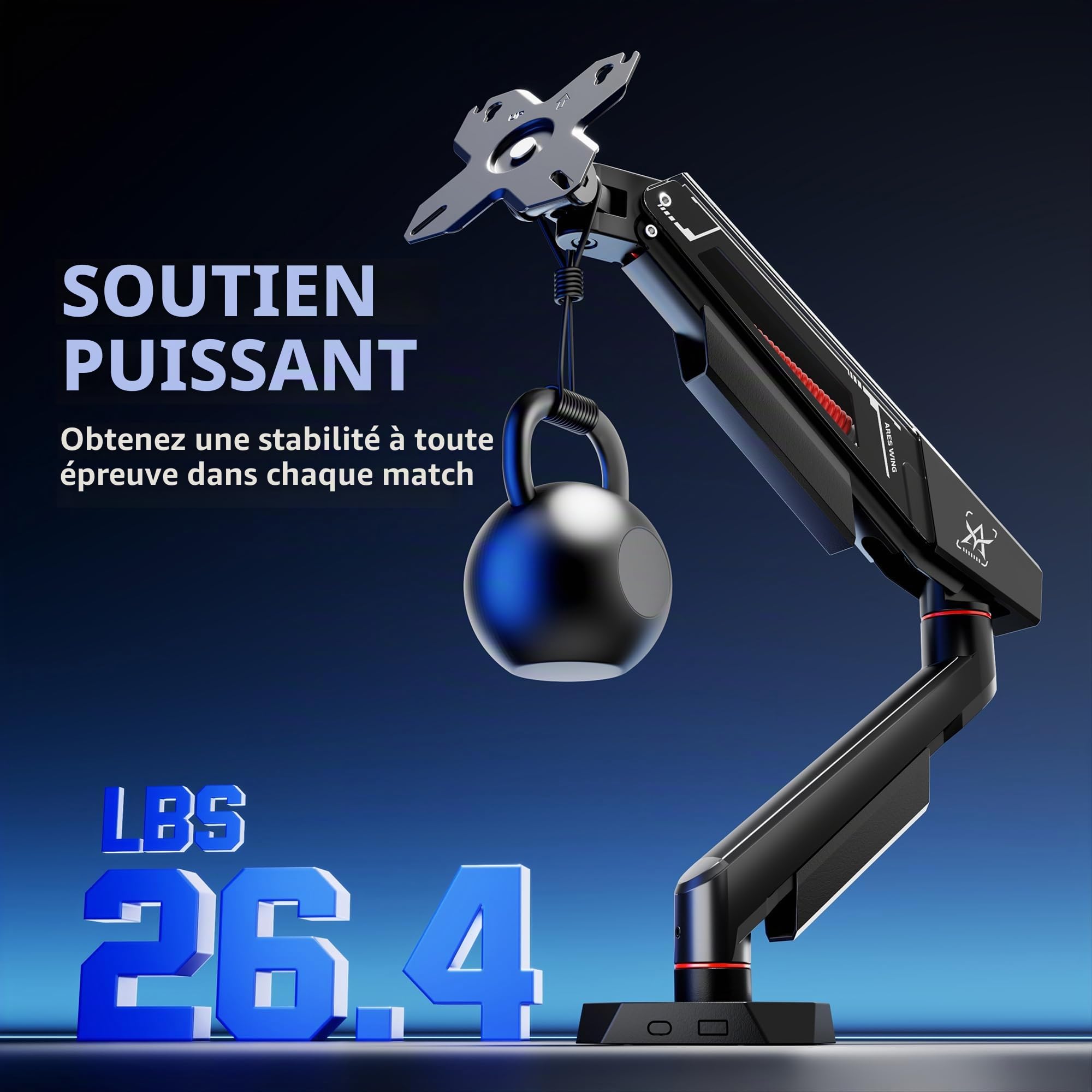 ARES WING Bras écran pc 17-40 Pouces Charge 12kg VESA 75/100 réglable Noir | Support écran pc plats & incurvés, multi-angle, fixation pince/trou，Gaming Monitor arm avec gestion câbles, aluminium