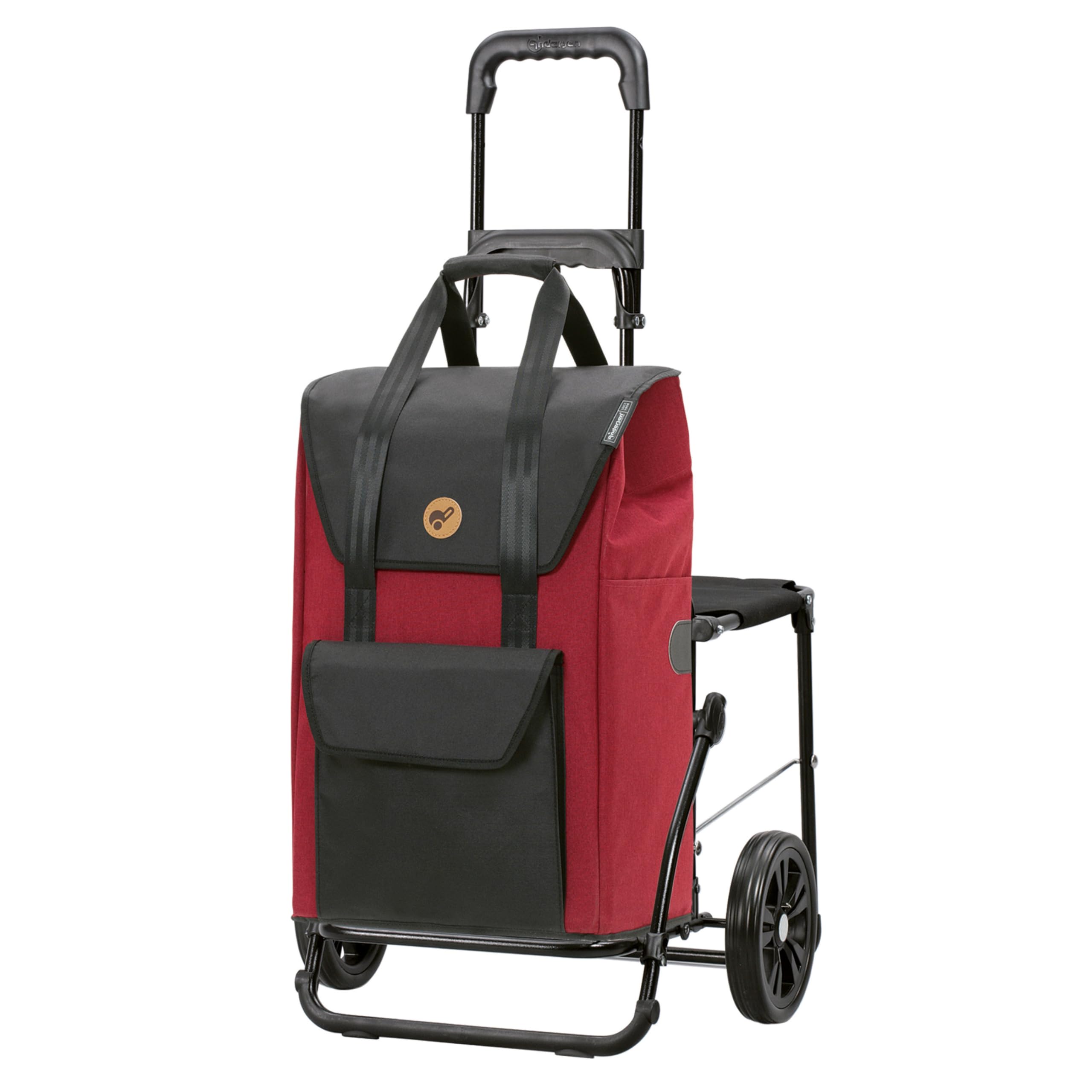 ANDERSEN Einkaufstrolley - Komfort Shopper Senta 2.0 rot | mit Sitz, klappbar, aus Stahl, bis 50 kg - Tasche mit Kordelzug, Fronttasche, Reflektoren, 49 L