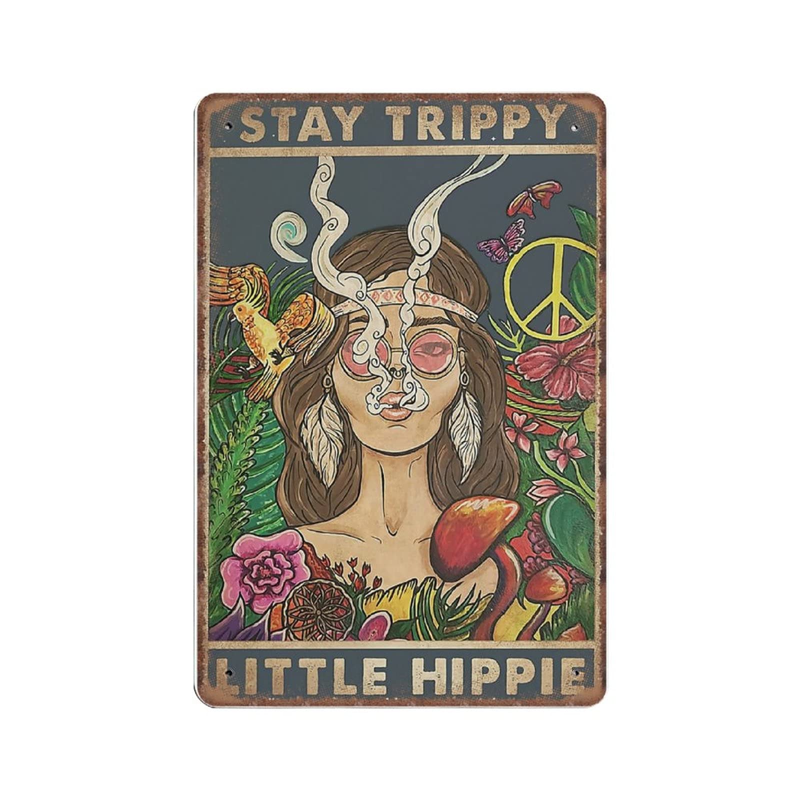 Daiercy Material_tin 2 Stay Trippy Little Hippie Tin Signs, Hippie Wall Art, Psychedelic Art, Hippie Gifts, Trippy Funny Vintage Metal Sign Plaqu Poster Pub Bar Kitchen Garden Bathroom Home Decor, 140X200 Mm