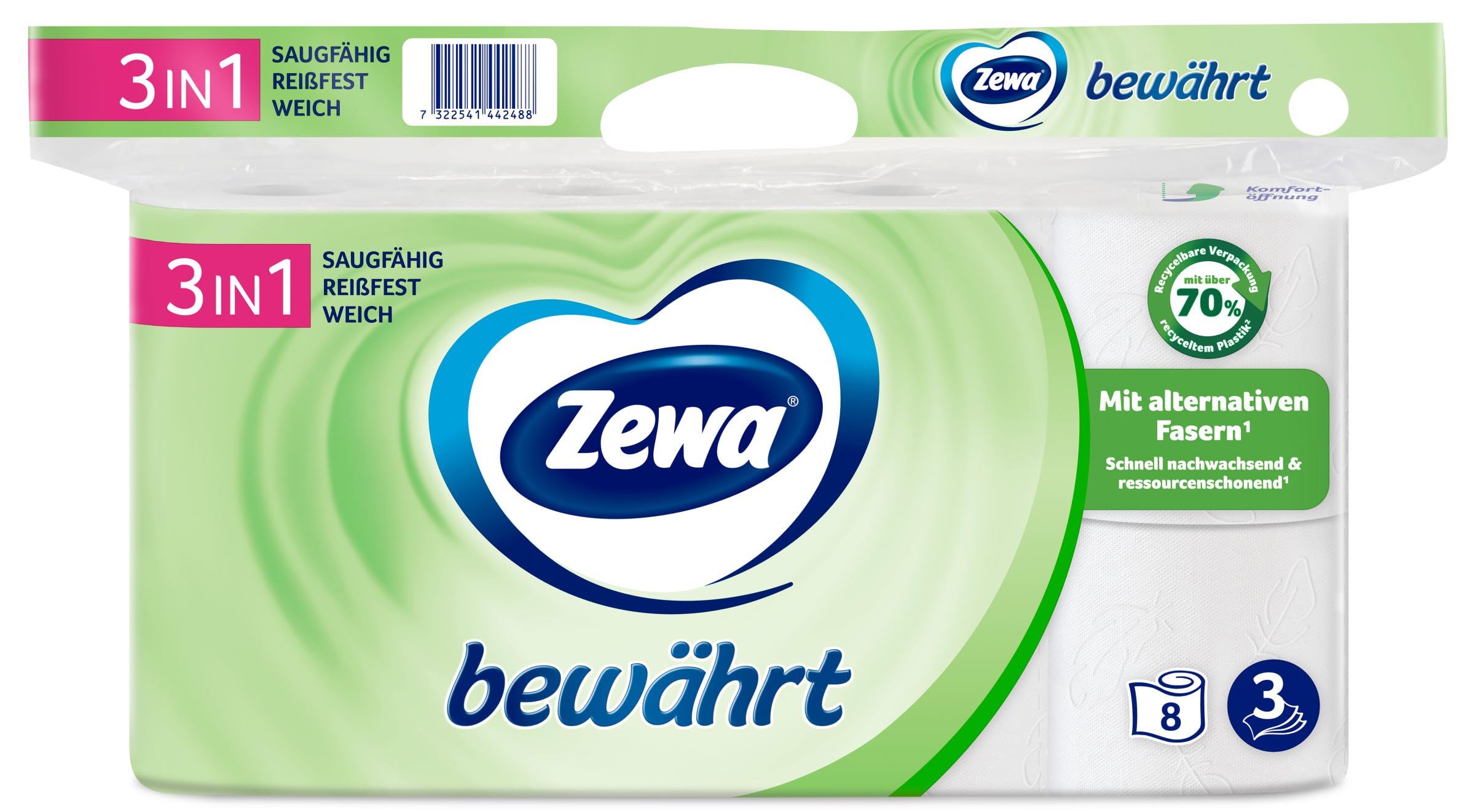 Zewa Papel higiénico probado con pajita (7 x 8 rollos).