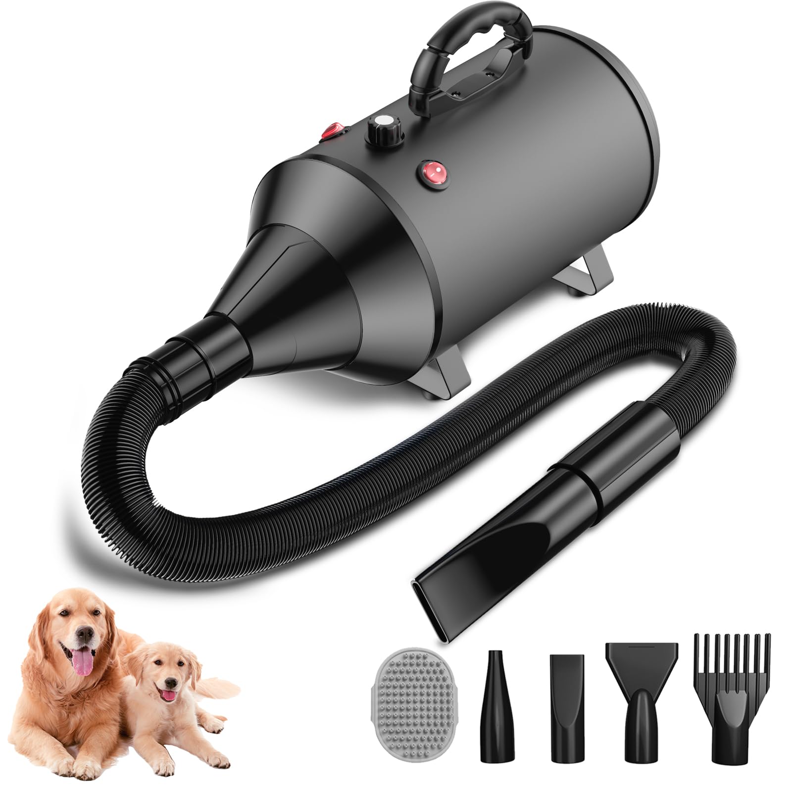Soffiatore per Cani Blower Molto Silenzioso, 5,2 CV/3800 W, velocità Regolabile, Ventilatore per la Cura del Cane con 4 Diversi ugelli, Tubo Elastico e Spazzola per la Cura (Nero)