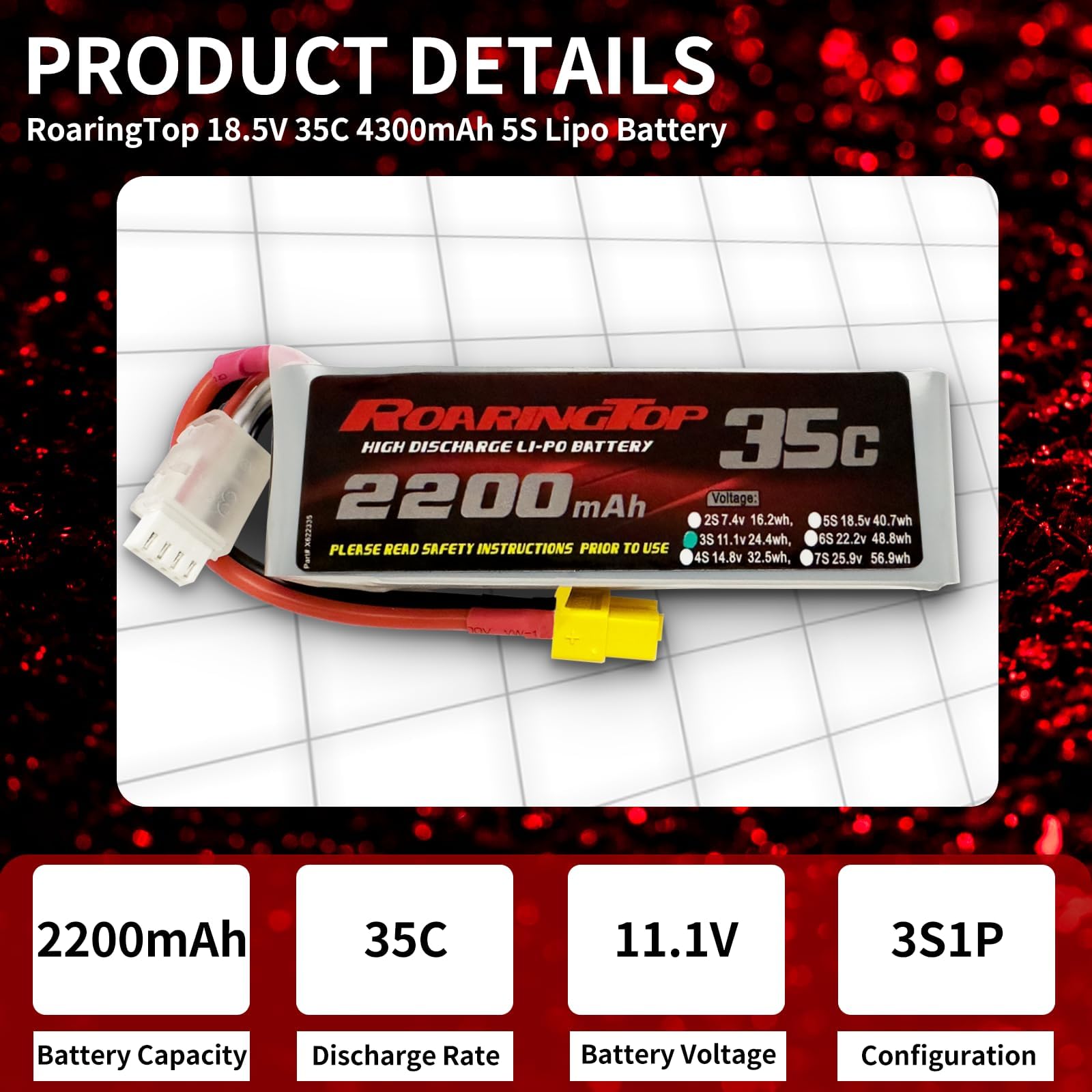 RoaringTop Batteria Lipo 3S 2200 mAh 11,1 V 35 C con spina XT60 ricaricabile ad alta capacità RC aereo batteria custodia morbida adatta per drone FPV aereo RC quadcopter elicottero