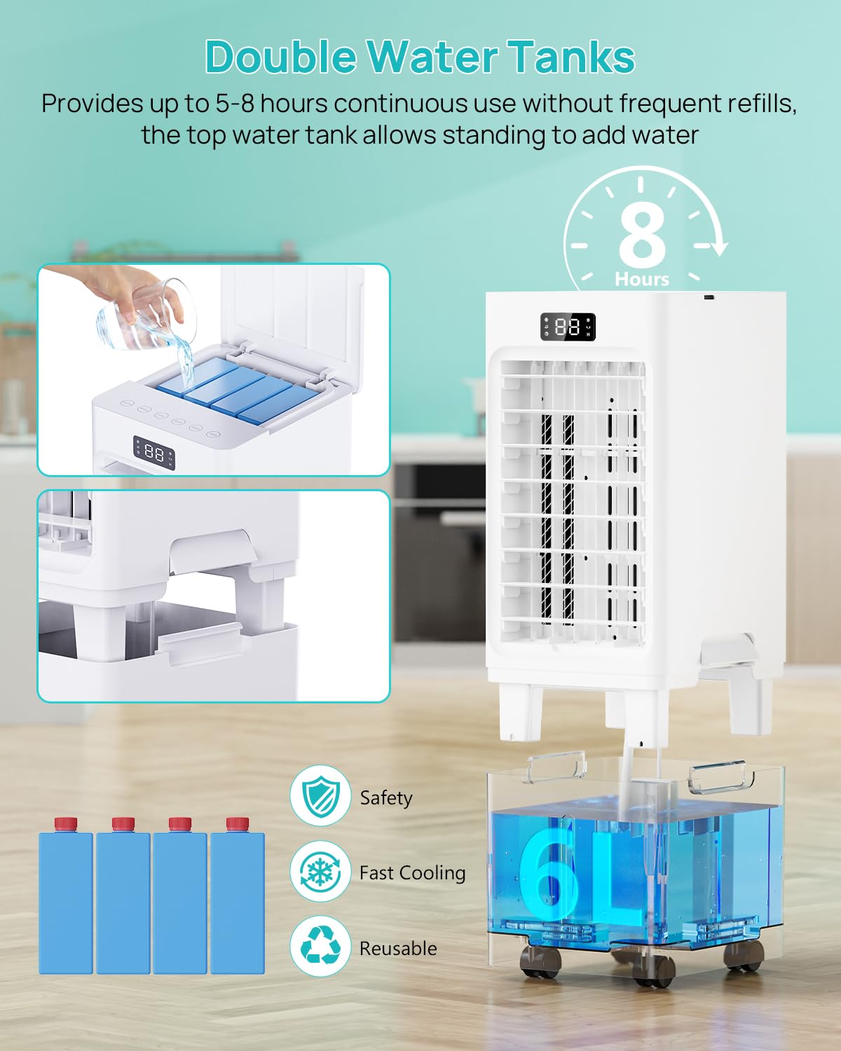 Aire Acondicionado Portatil 4 en 1, Enfriador de Aire con 4 Modos & 3 Velocidades, Temporizador 1-12H, Oscilación,Tanque de 6L, 4 Packs de Hielo, Control Remoto, Silencioso, para Oficina Hogar