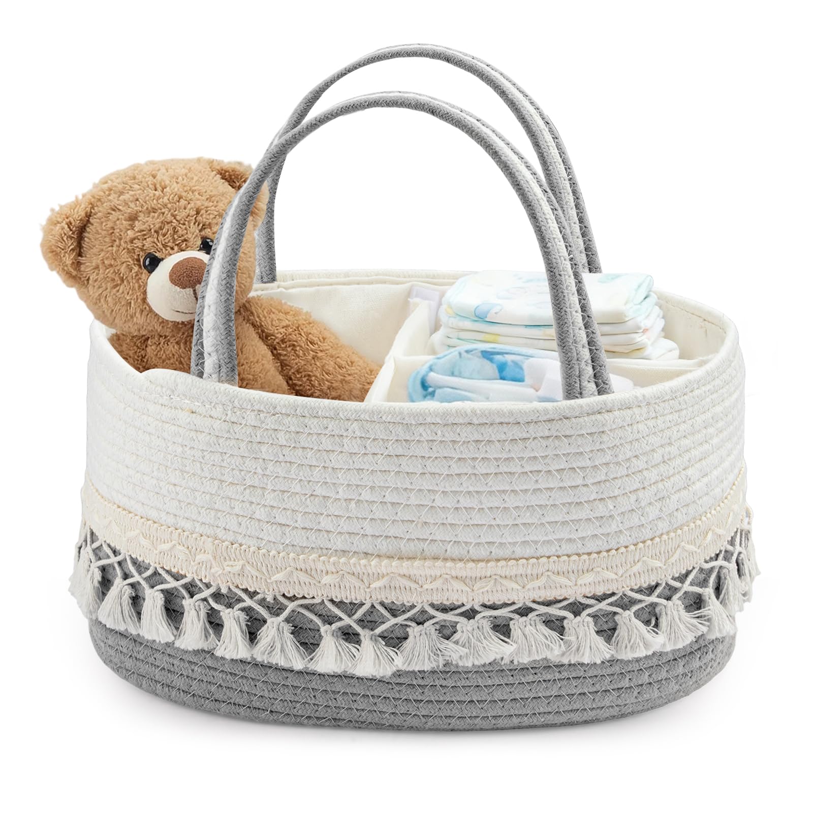 M.J COMFY-LIFE French Country Woven Storage Basket - Portable Fabric Hamper with Open Lid & Sturdy Sides, Baby Bottle, Diaper Organizer, Kitchen, Bathroom Basket (Gray tassel)