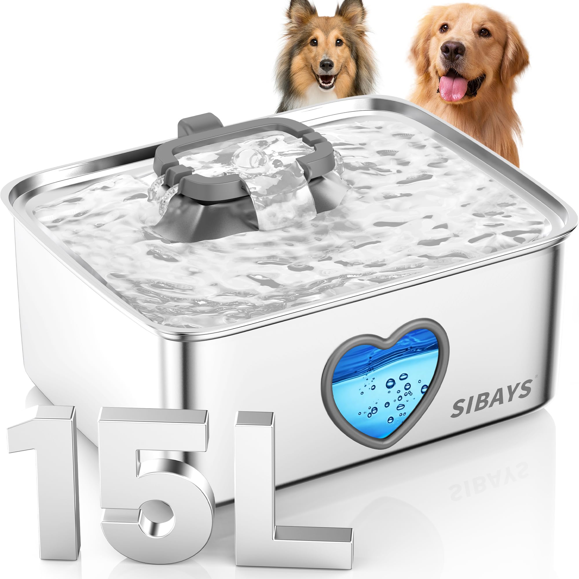 SIBAYS 15L Large Dog Water Fountain, 4 Gal Stainless Steel Pet Water Fountain for Dogs Inside, Ultra Quiet Automatic Dog Water Bowl Dispenser with Water Level Window & LED Light, Easy to Clean FS80