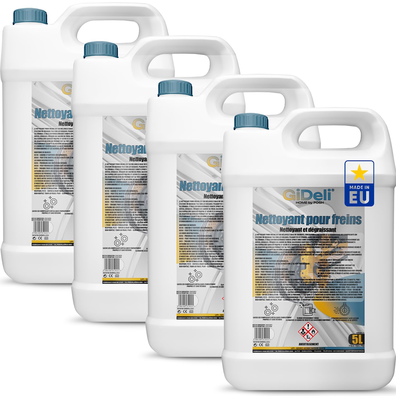 GiDeli Nettoyant pour freins 4 x bidon de 5 l - Pour voiture, moto et vélo - Élimine l'huile, la graisse, la poussière de frein, les résidus de colle - Dégraissant d'atelier, séchage rapide, sans