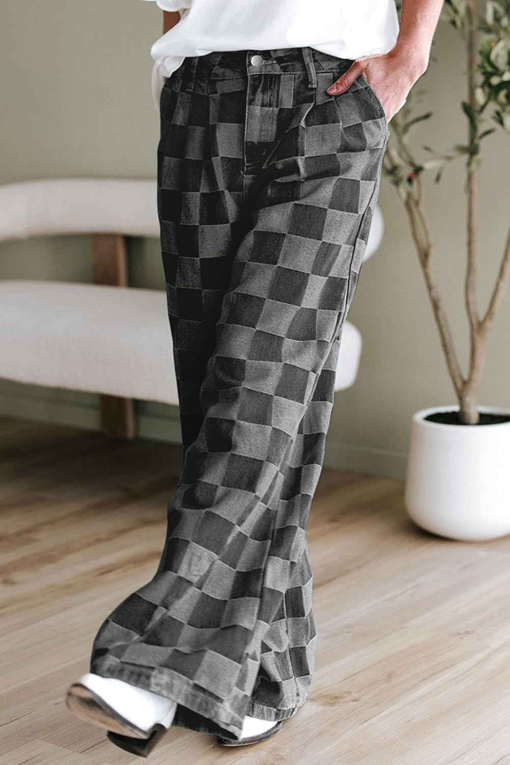 loveimgs Women Baggy Checkered Pants Patterned Denim Wide Leg Jeans Plaid Printed High Waisted Gingham Jeans - Image 5