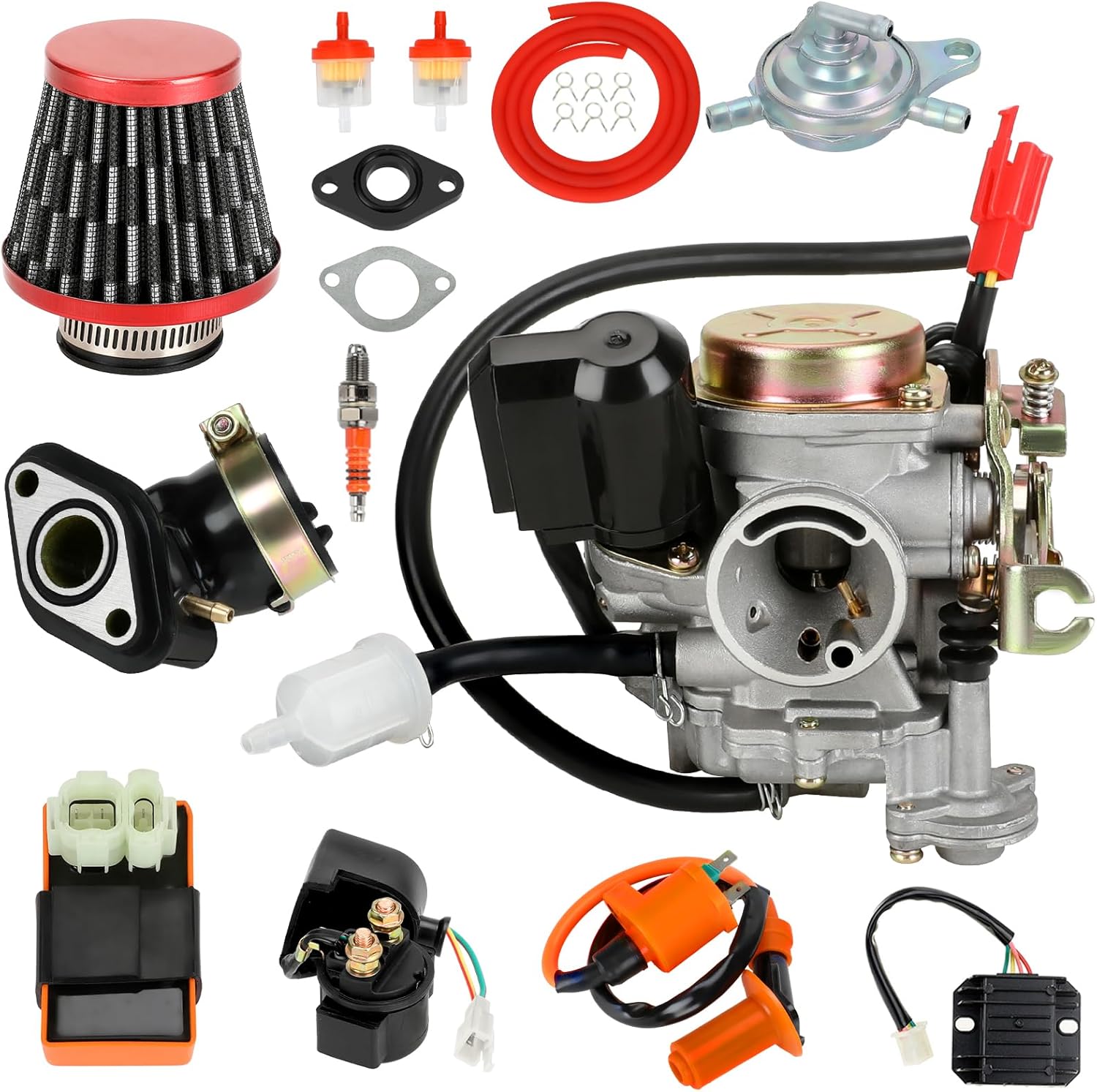 GY6 50cc Carburetor Ignition Coil Voltage Regulator Rectifier Solenoid Relay CDI Kit Compatible with Taotao 50 49cc ATM50 Pony VIP Scooter Moped Chinese 4-Stroke 139QMB Roketa Jonway Parts