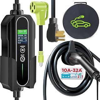 MUETUX Level 2 & 1 EV Charger (10-32Amp, 110V-240V, 25ft Cable, SAE J1772), Home/Outdoor Portable Electric Vehicle with NEMA 14-50P/5-15P to 14-50R Adapter, Adjustable 32A/24/20/16/10Amp, Delay 1-12h