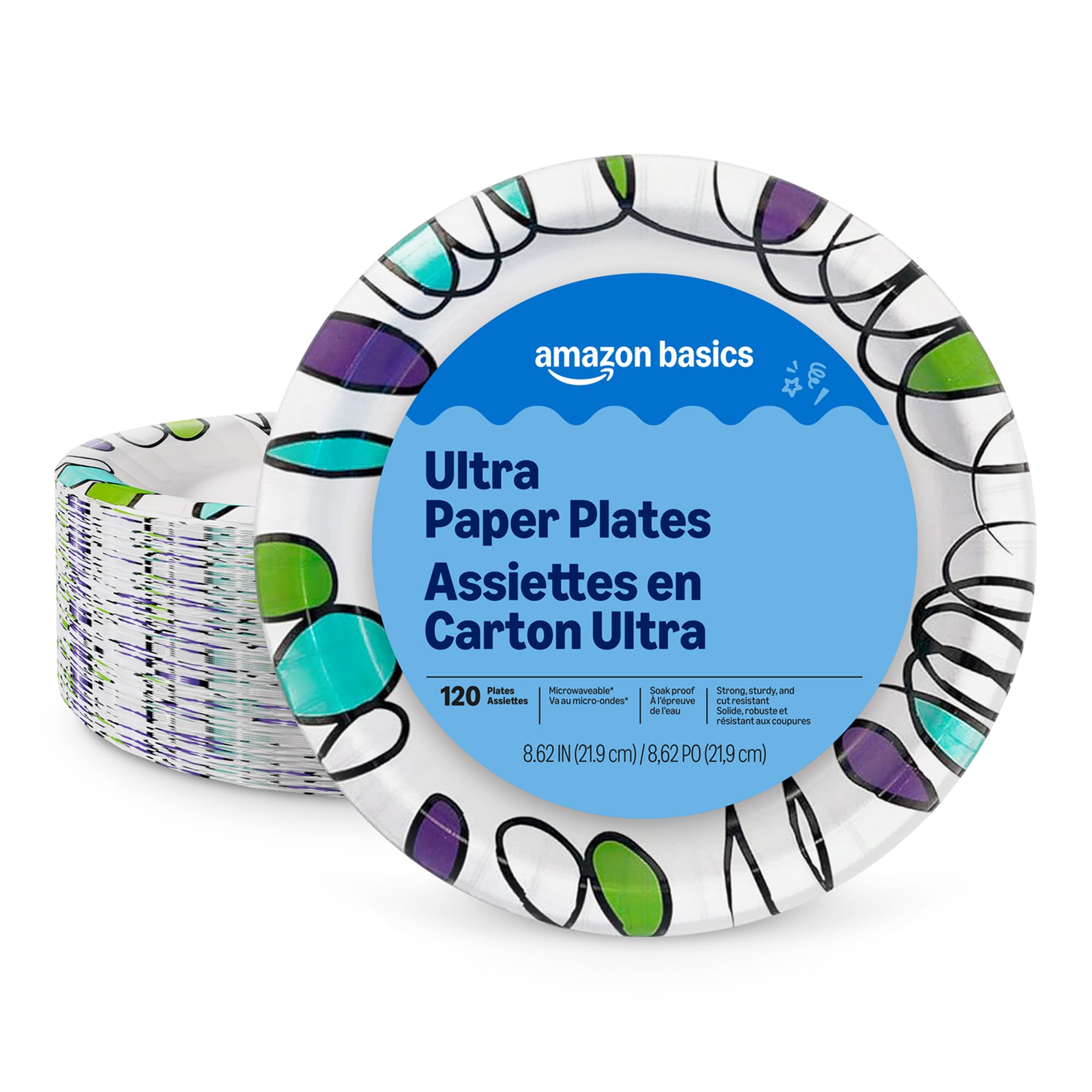 Amazon Basics Ultra Paper Plates, 8.62 Inch, Disposable, 120 Count, Packaging May Vary