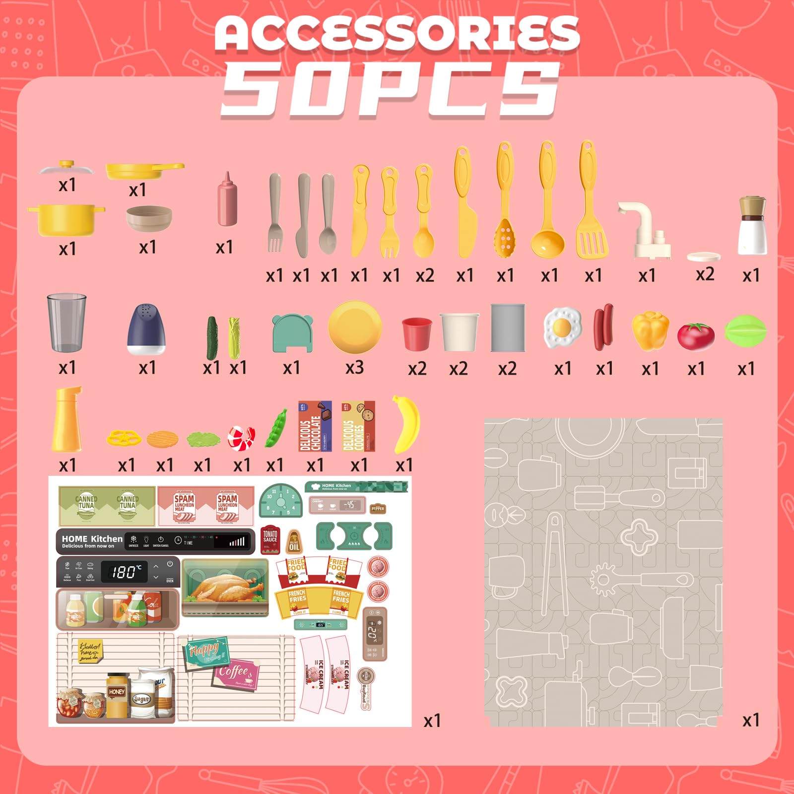 deAO Cuisine pour Enfants Interactive, 50PCS Accessoires Kitchen Toy | Rose | Avec Sons et Lumières, Comprenant Vaisselle, Aliments, évier, Four et plaques de Cuisson, kit de Cuisine, 78*50.5*20cm