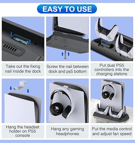 Miniatura 7 de Soporte PS5 con estación de carga de controlador PS5, estación de refrigeración para Playstation 5, PS5, consola de disco edición digital,
