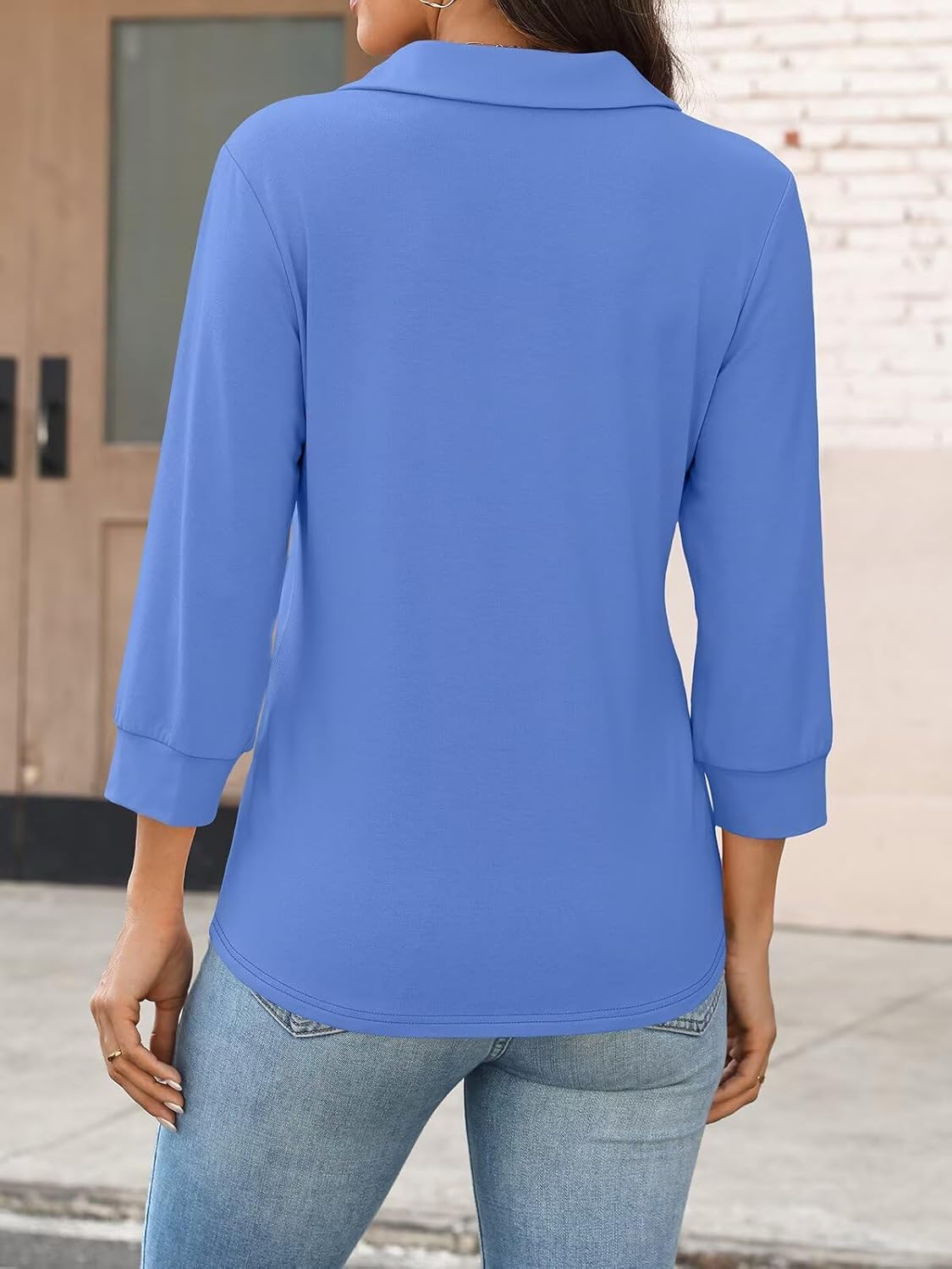 Women's V Neck Polo Shirts 3/4 Length Sleeve Tops Collared Business Casual Summer Blouses - Image 3