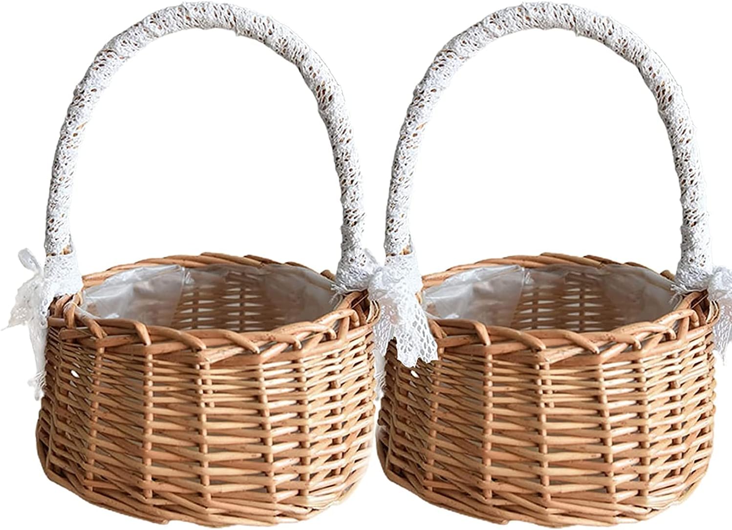 Wicker Rattan Flower Basket, Set of 2 Wedding Flower Girl Baskets, Willow Handwoven Basket with Handles and Plastic Insert, Woven Eggs Candy Basket for Home Garden Decor