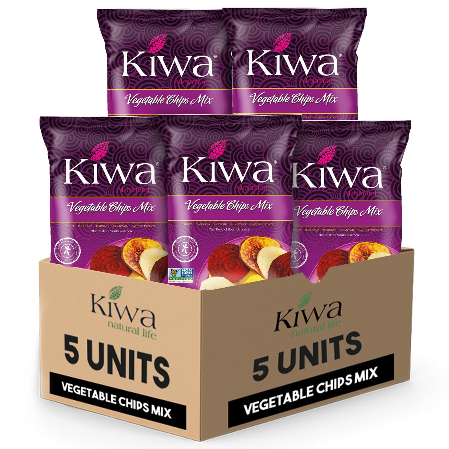 Kiwa Vegetable Chips Mix 5-Pack – Gluten-Free, Vegan, Kosher, Non-GMO Snack – Made with Cassava, Parsnip, Sweet Potato, Plantain & Beetroot – 5.25oz Bags (5 Count)