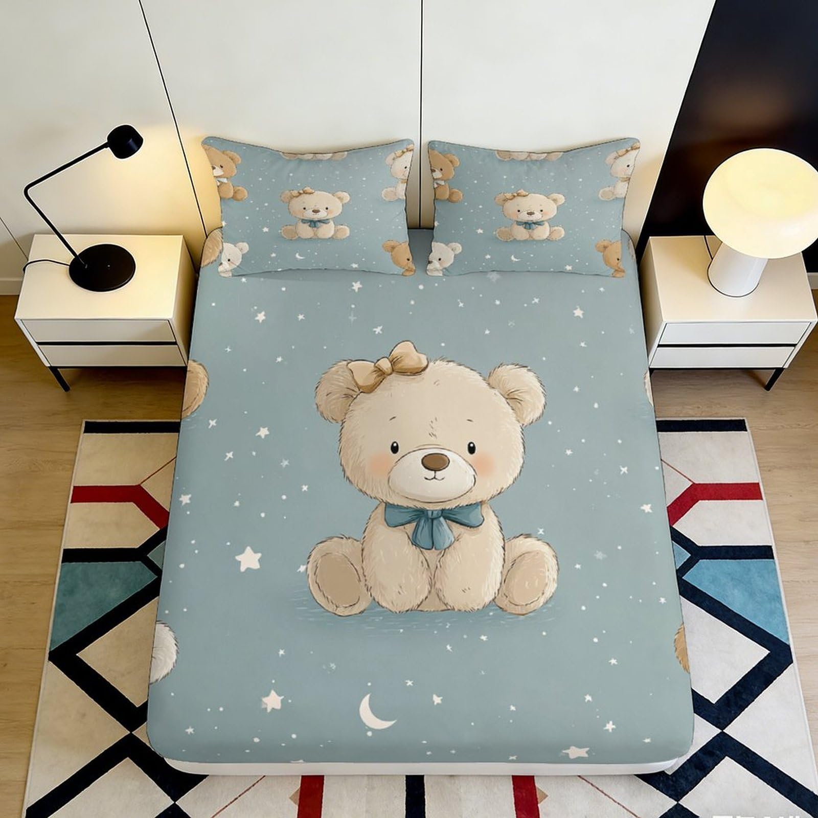 3D Printed Cute Teddy Bear Fitted Sheet Microfiber Soft Breathable Moon Star Bed Cover for Bedroom Dorm Mattress Protection Decor 90x200x25cm