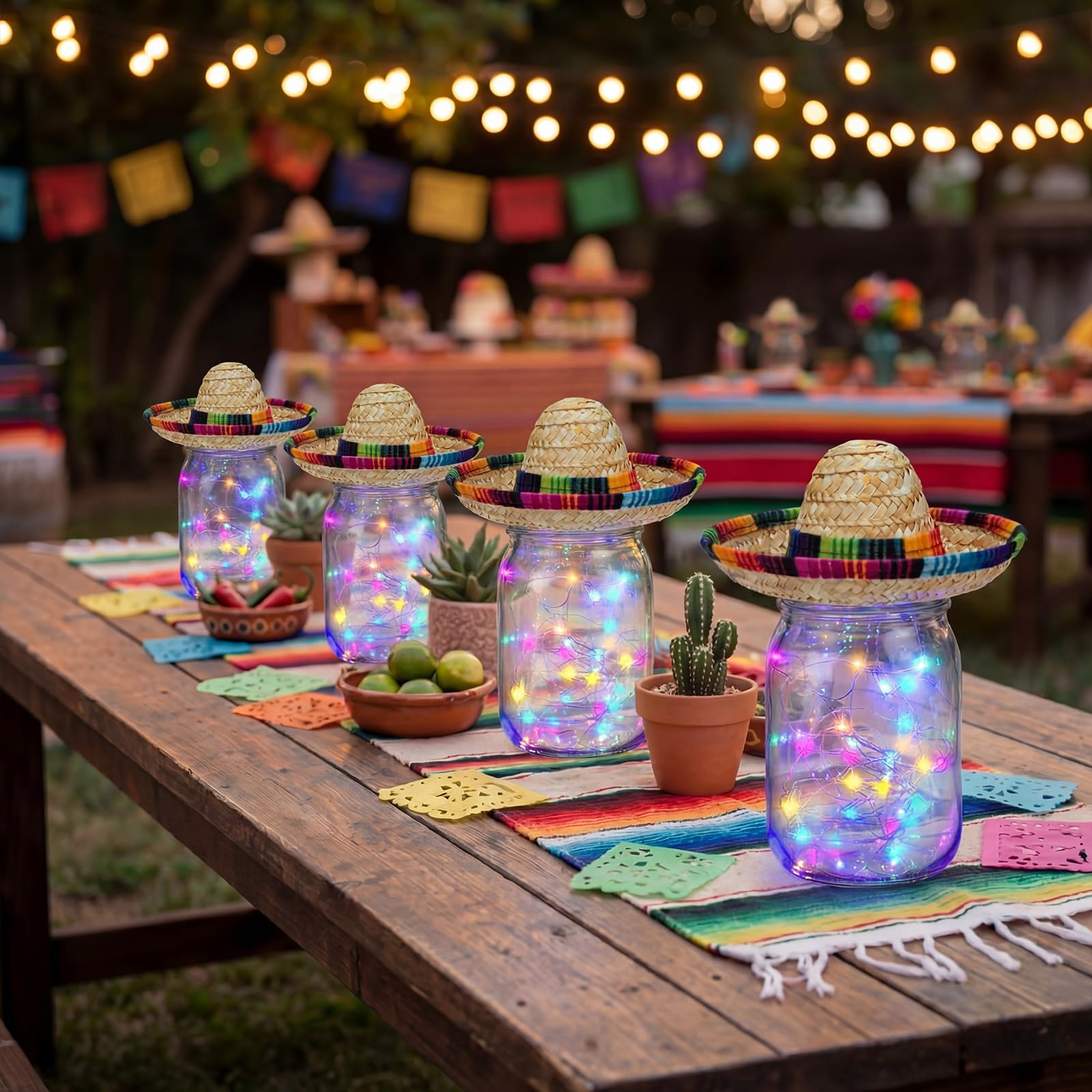 Set di 6 centrotavola messicani per feste messicane decorazioni per feste con barattoli di vetro, cappelli Sombrero, corde luminose per feste a tema taco, matrimoni, compleanni, giorno dei